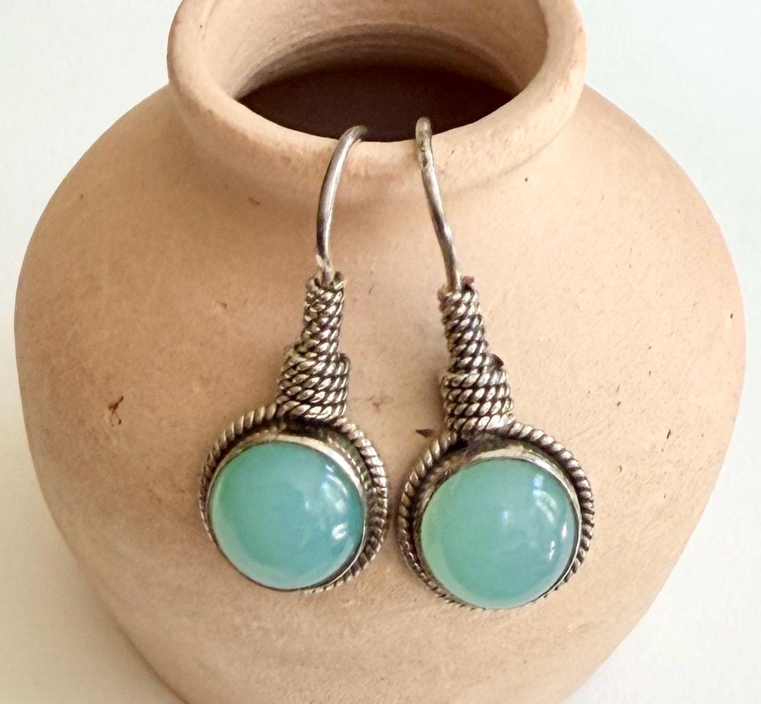 Vintage Green Chalcedony Drop Earrings Twisted Sterling Silver Rope Accent