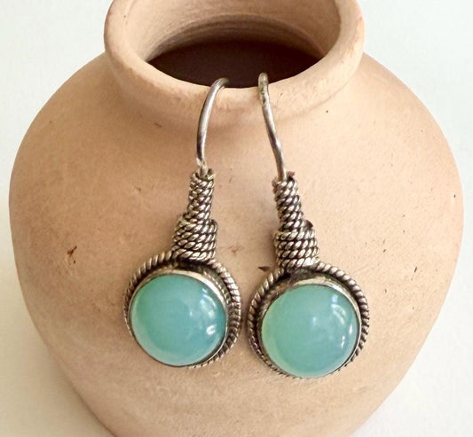 Vintage Green Chalcedony Drop Earrings Twisted Sterling Silver Rope Accent