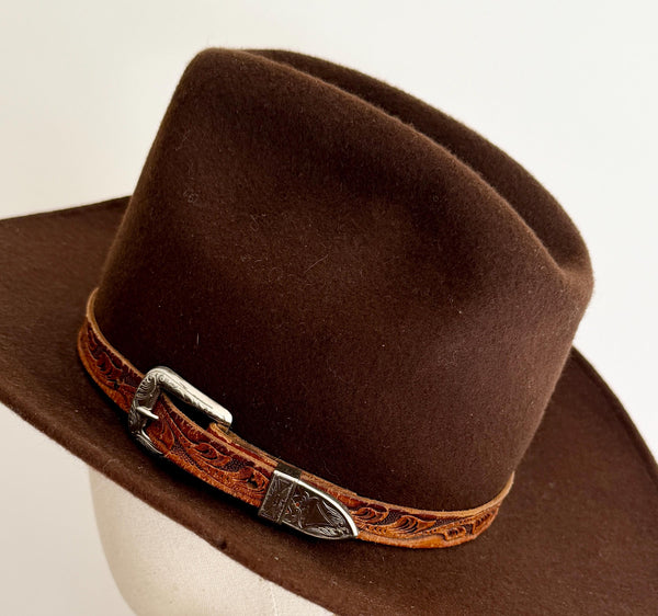 Vintage Rockmount Cowboy Hat Brown Wool Felt Tooled Leather Band