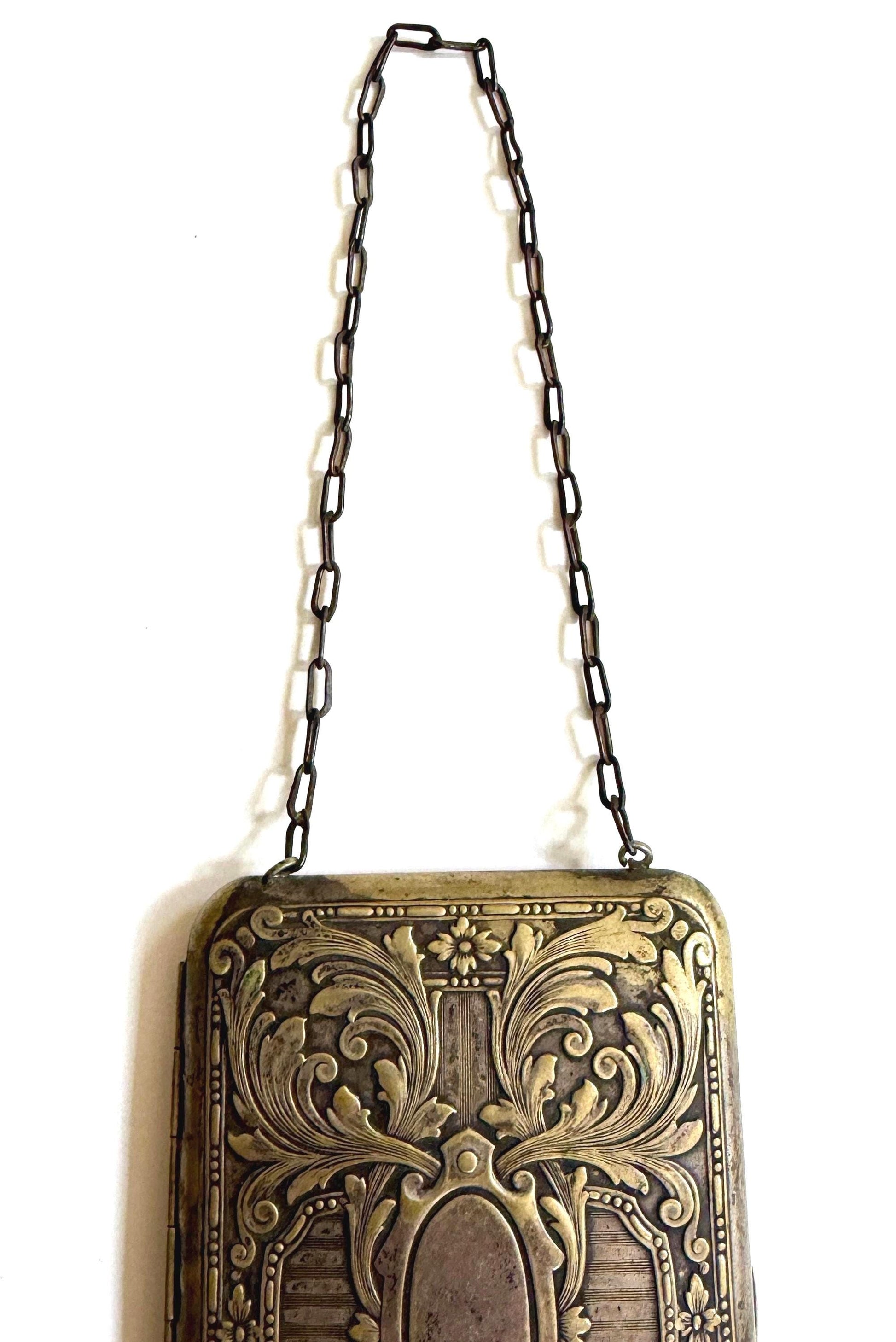 Antique Victorian Dance Purse Art Nouveau Floral Repoussé Metal