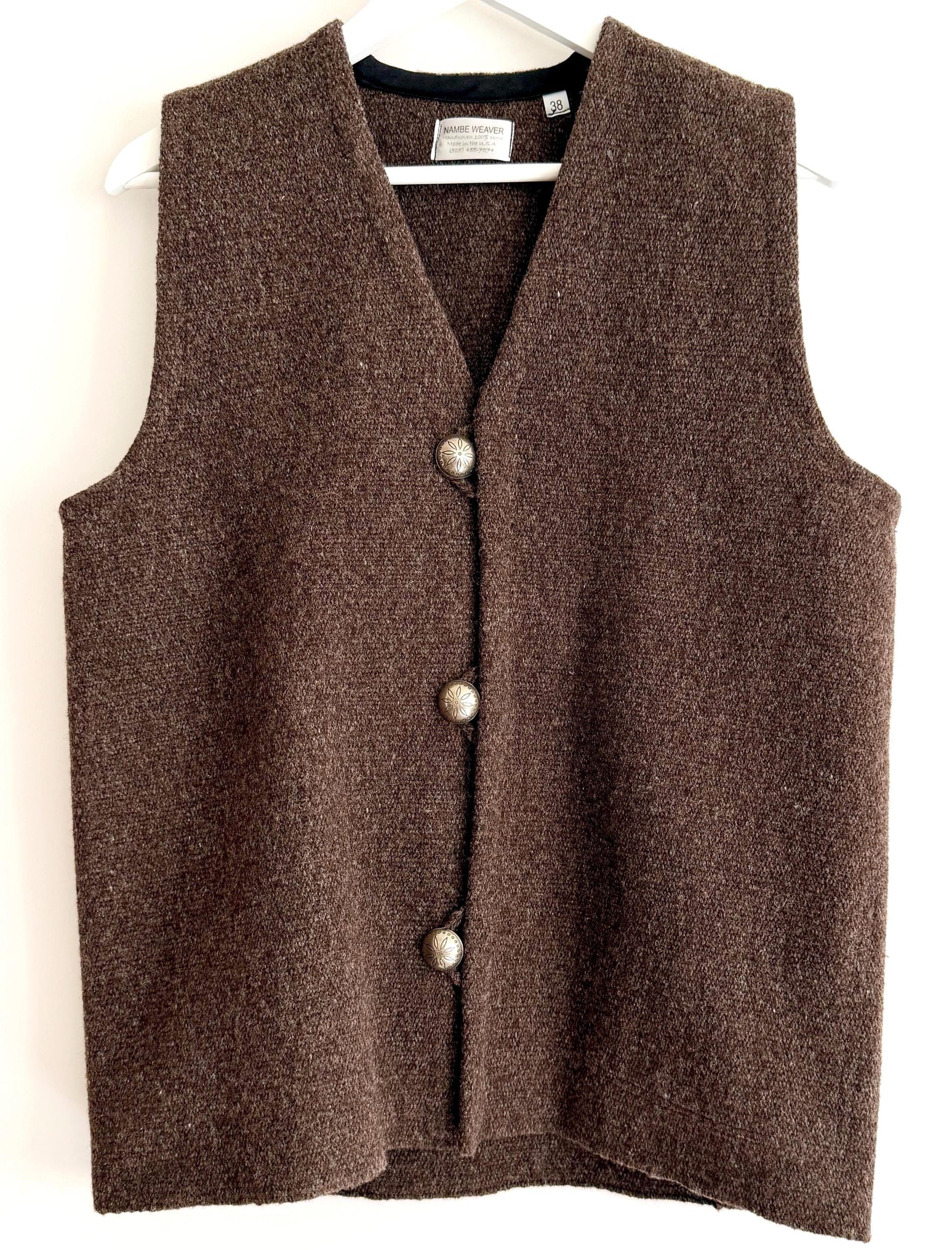 Vintage Brown Wool Vest Nambe Weavers New Mexico Handwoven