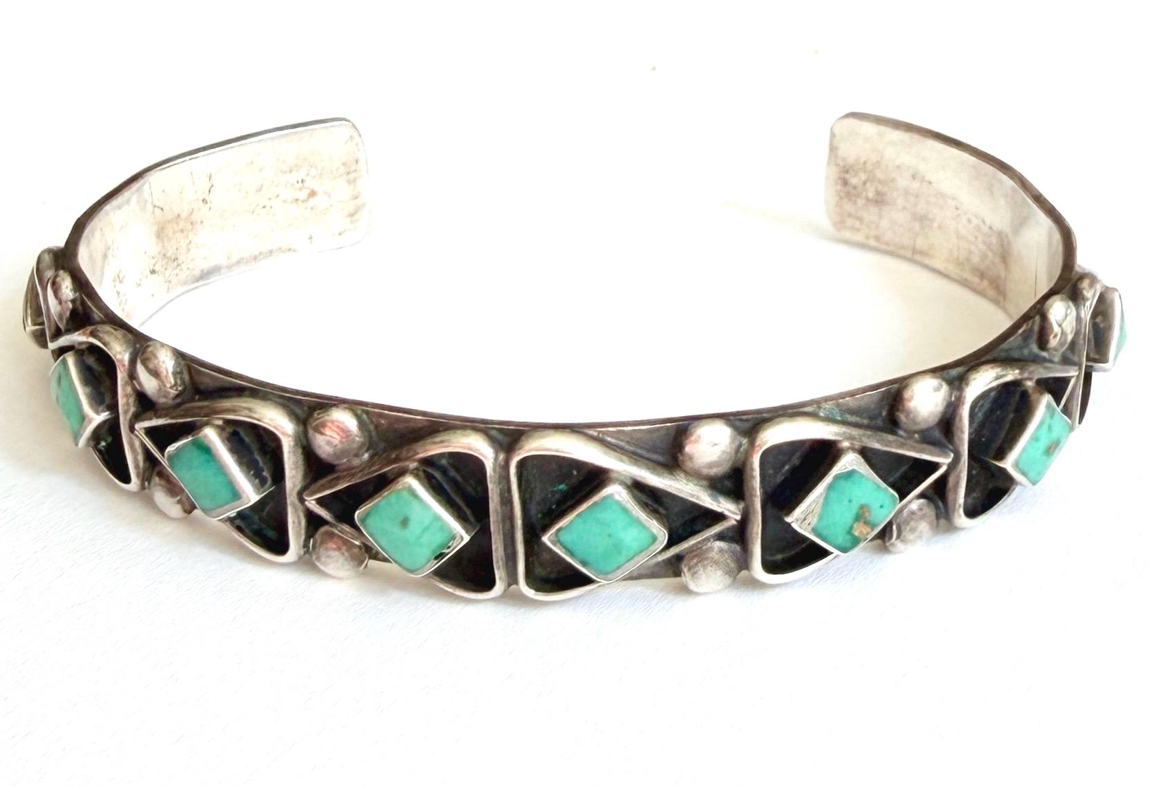 Vintage Zuni Turquoise Sterling Silver Cuff Bracelet Artist Signed FG
