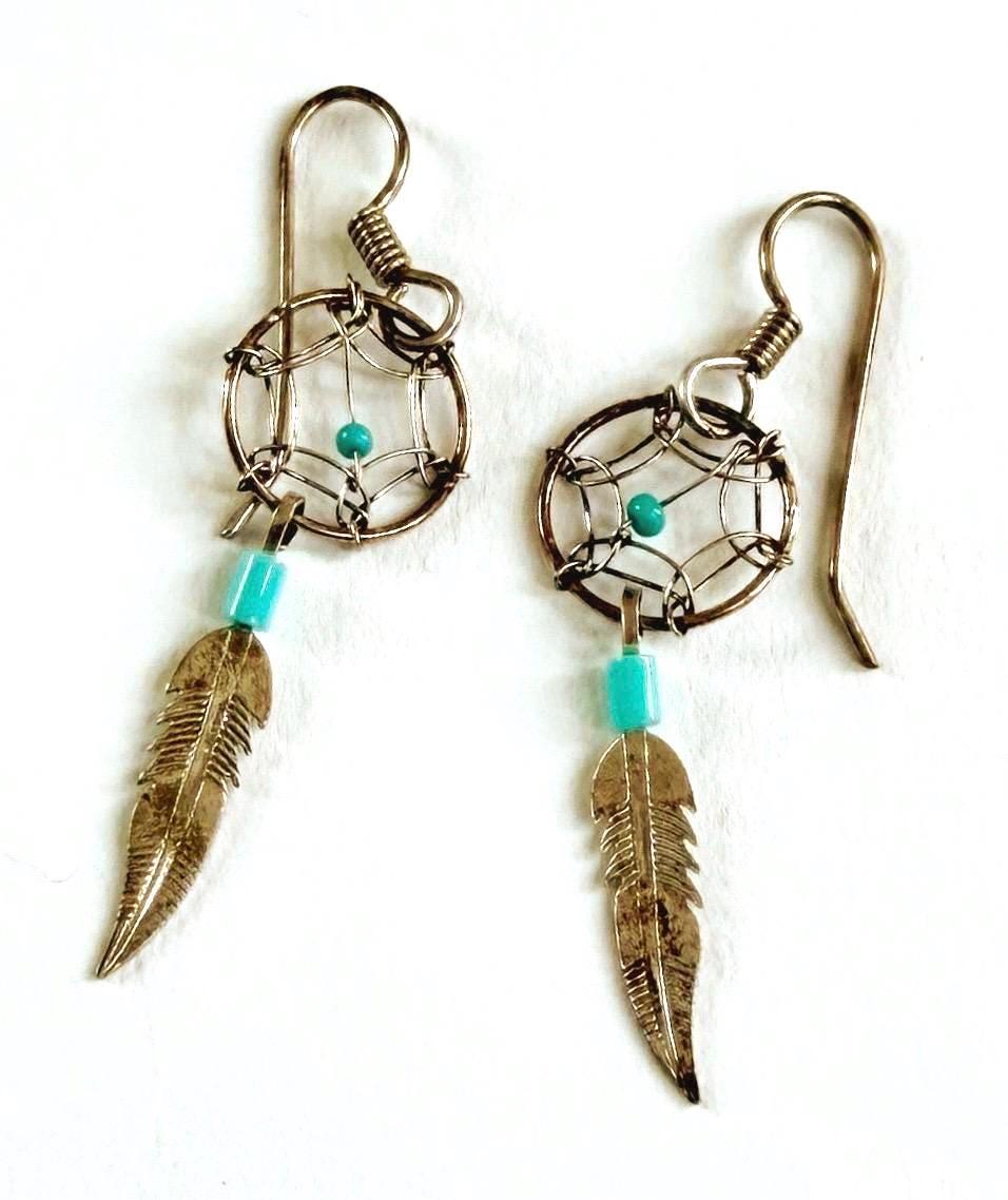 Vintage Native American Dreamcatcher Earrings Sterling Silver Turquoise Feather Dangles