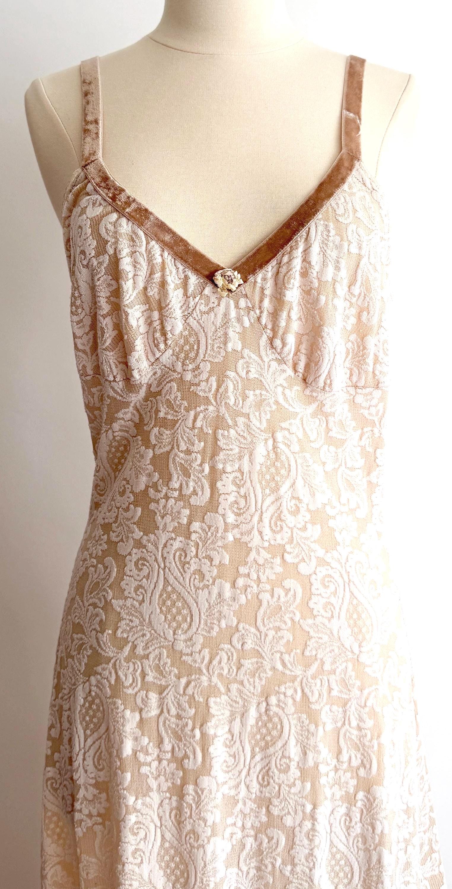 Vintage 90s Lace Slip Dress Velvet Trim