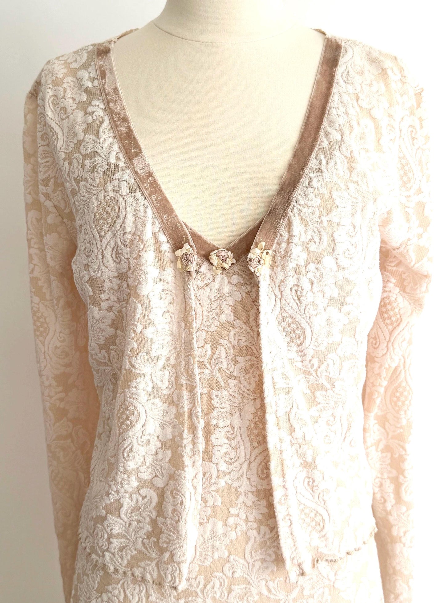 Vintage 90s Lace Slip Dress Velvet Trim