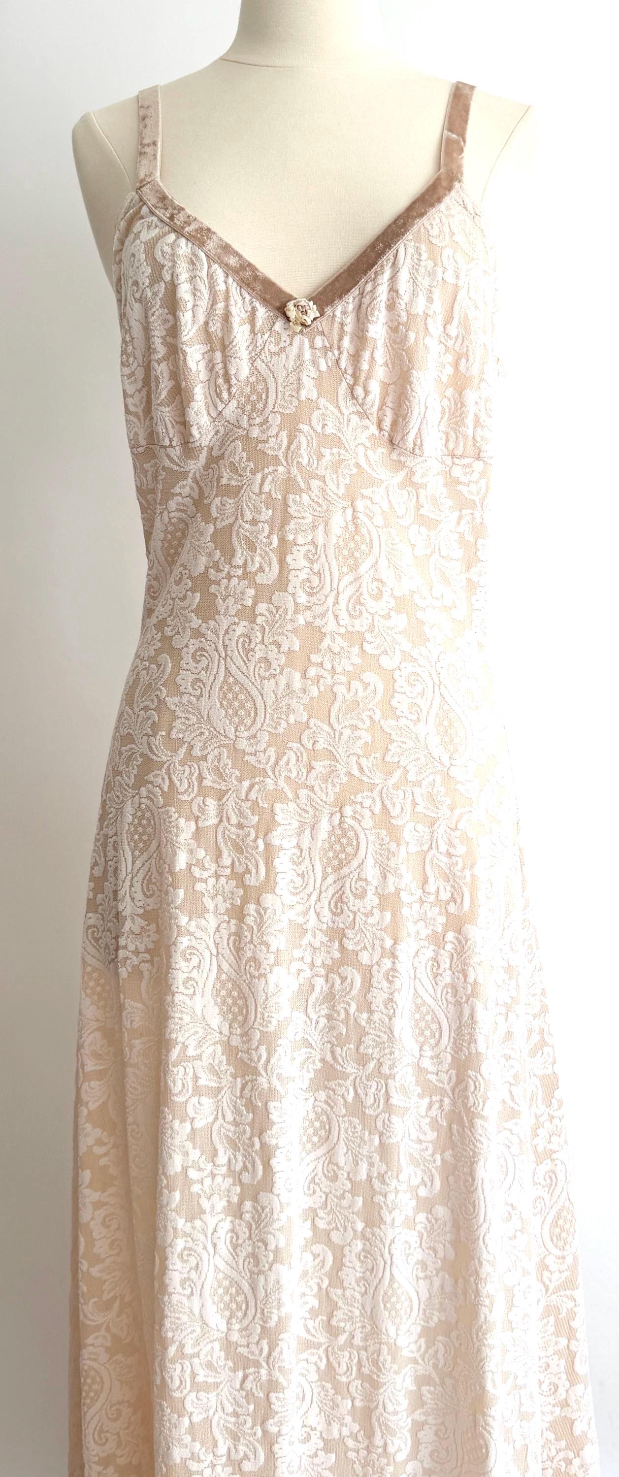 Vintage 90s Lace Slip Dress Velvet Trim