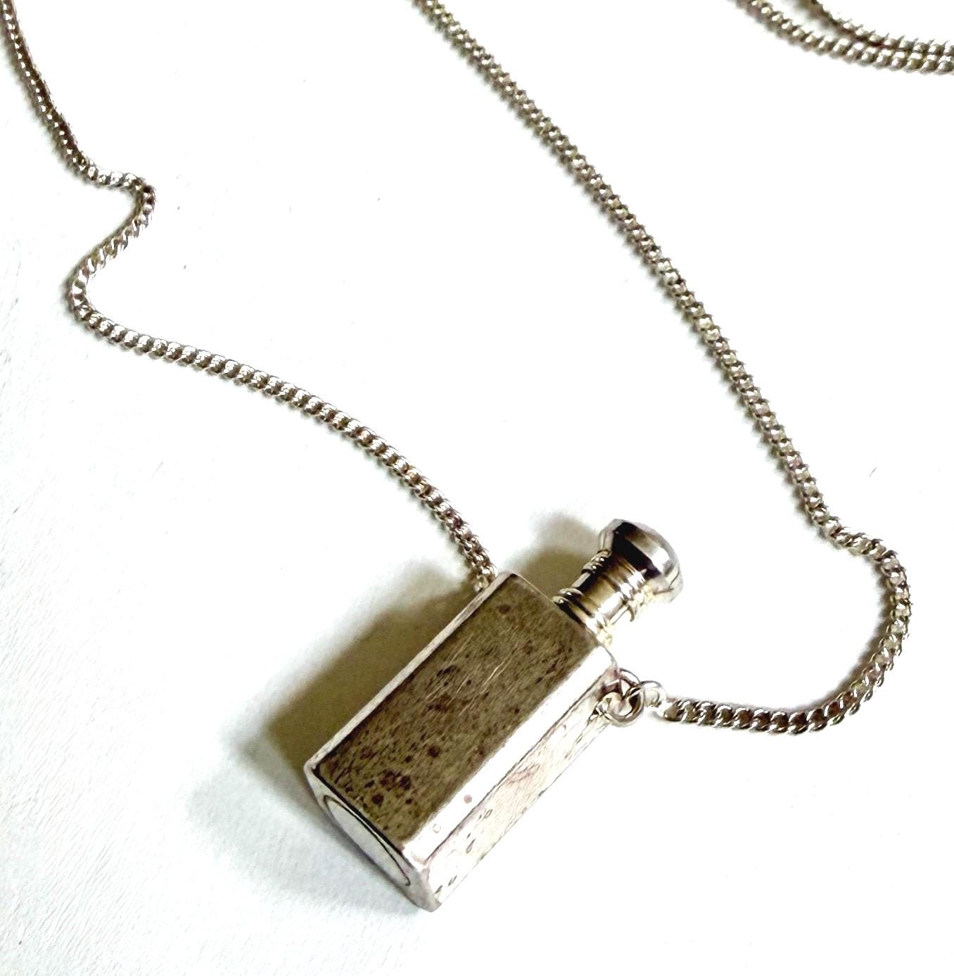 Vintage Perfume Vial Necklace Silver Metal Screw Top Bottle