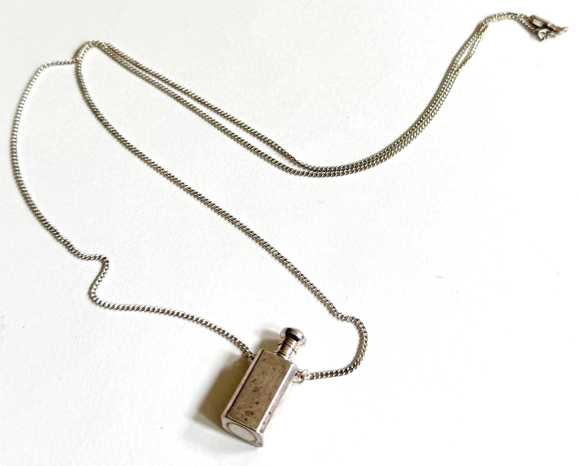 Vintage Perfume Vial Necklace Silver Metal Screw Top Bottle