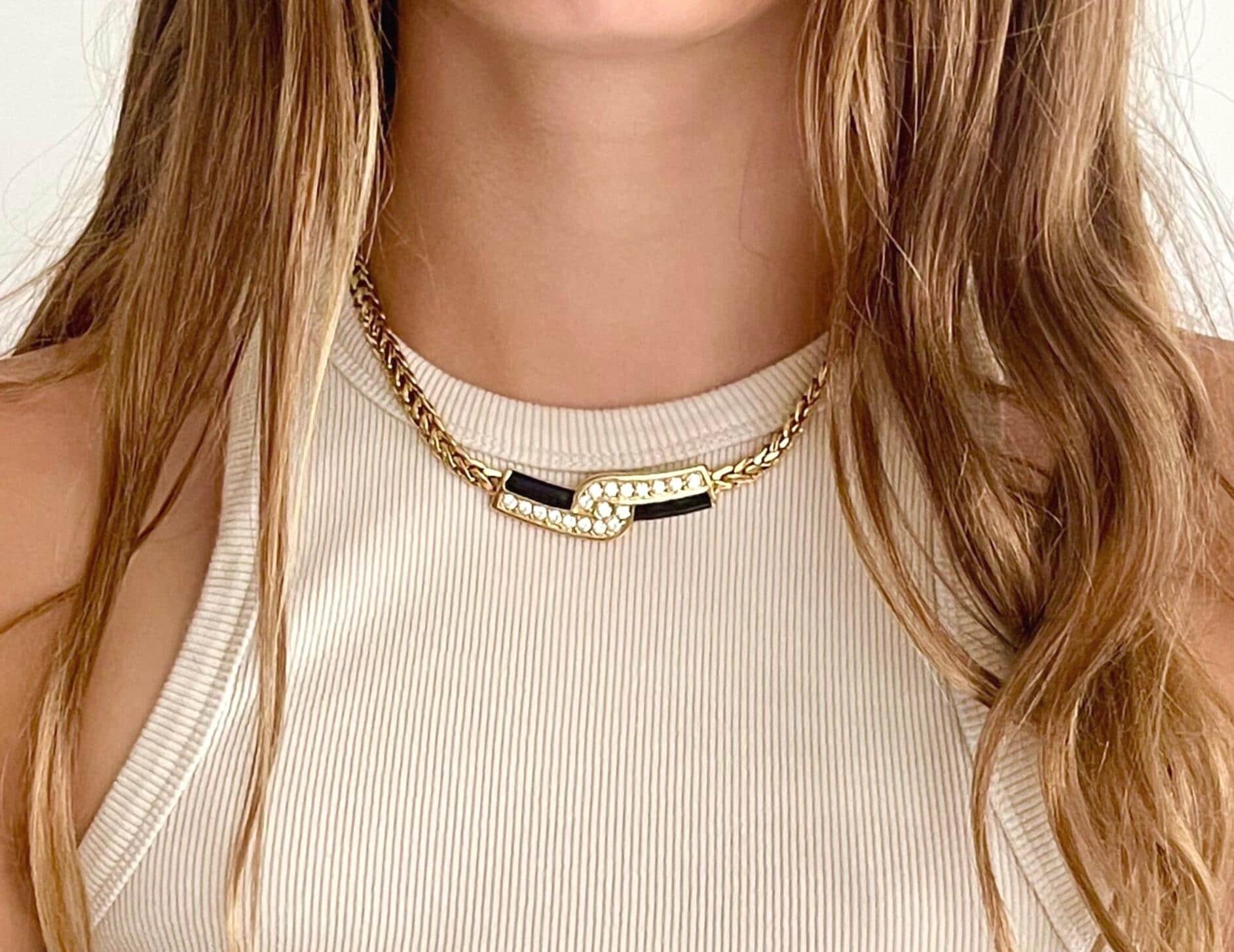 Vintage 90s Swarovski Crystal Gold Choker Necklace