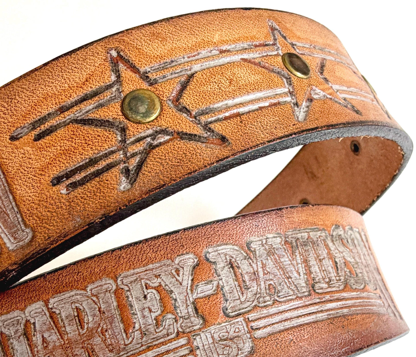 Vintage Harley Davidson Studded Belt Brown Tooled Leather Size 32