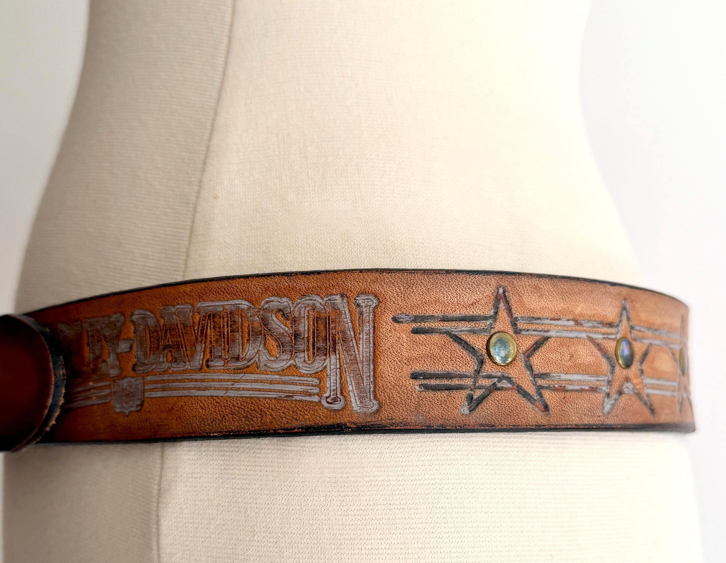 Vintage Harley Davidson Studded Belt Brown Tooled Leather Size 32