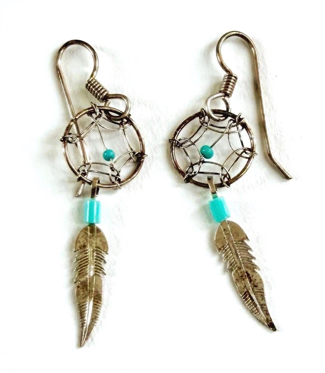 Vintage Native American Dreamcatcher Earrings Sterling Silver Turquoise Feather Dangles