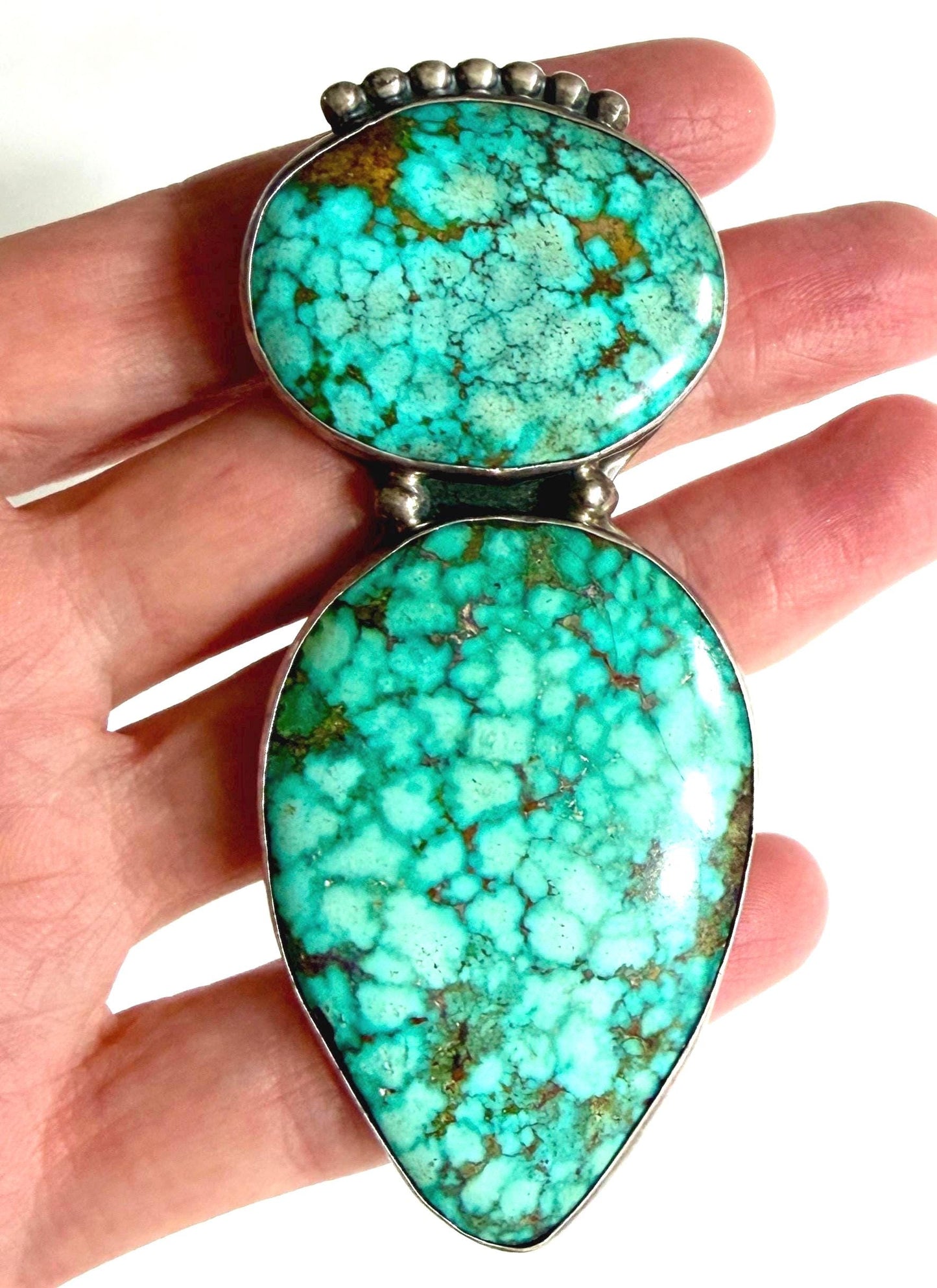 Oversized 3.25" Navajo Turquoise Pendant Vintage Native American Signed Johnson
