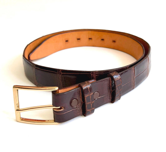 Vintage Brown Alligator Belt Minimalist Solid Brass Buckle Size 30