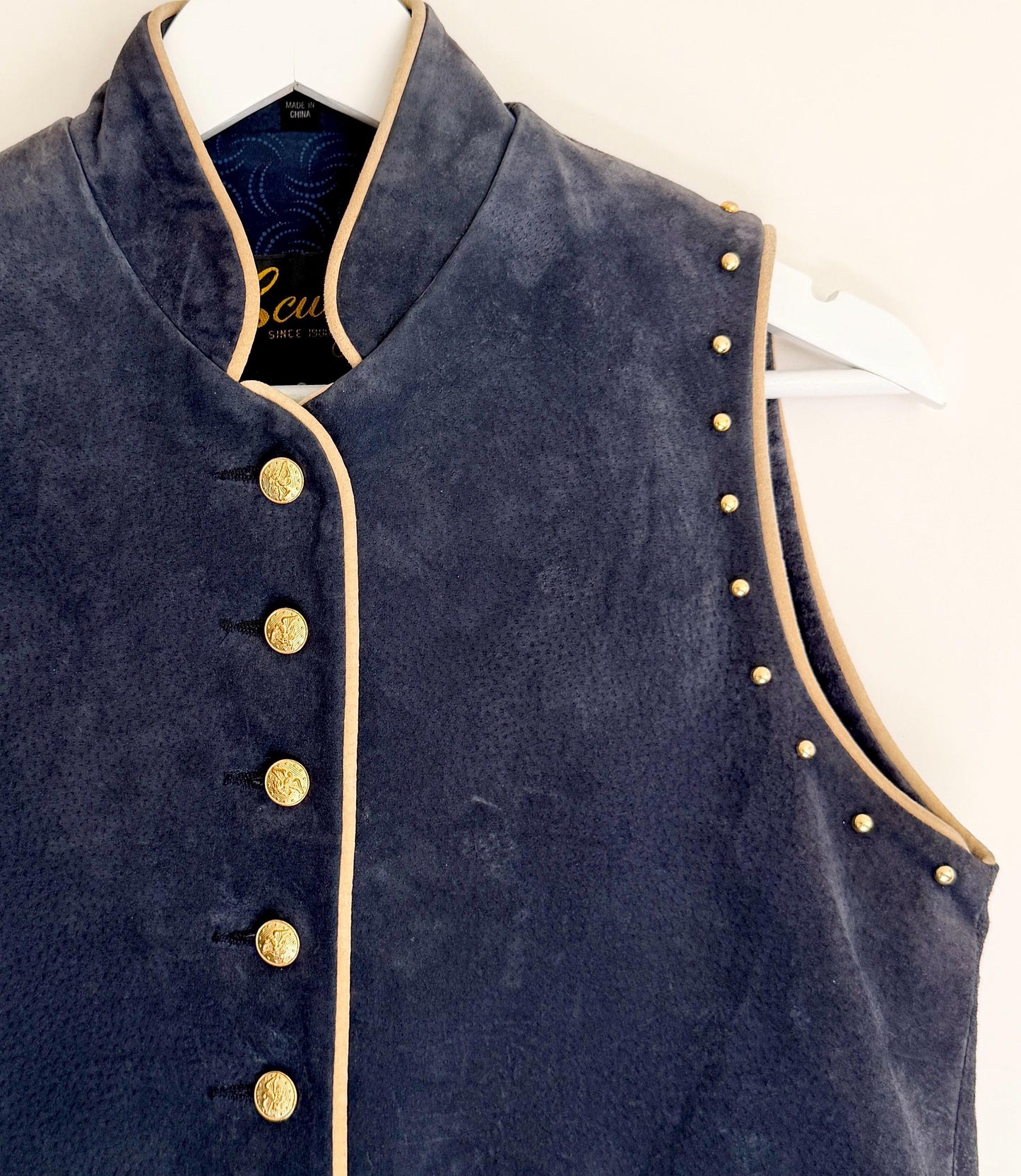 Vintage Suede Womens Vest Navy Blue Western Calvary Style