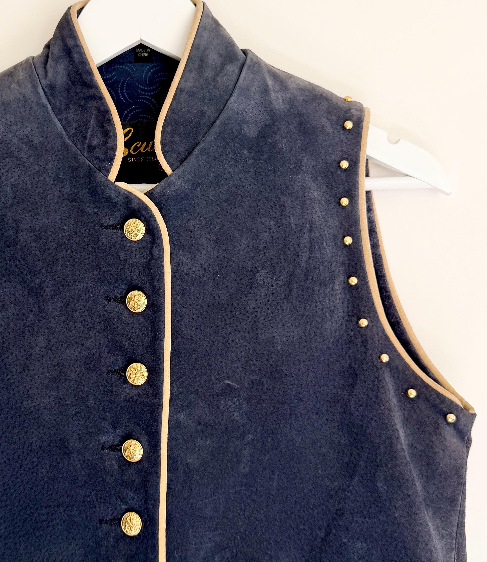 Vintage Suede Womens Vest Navy Blue Western Calvary Style