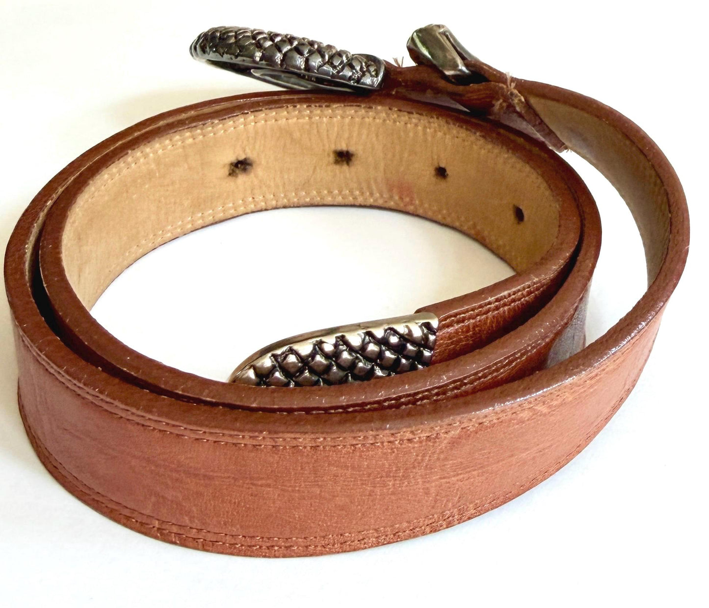 Vintage Brown Belt Silver Reptile Snake Buckle