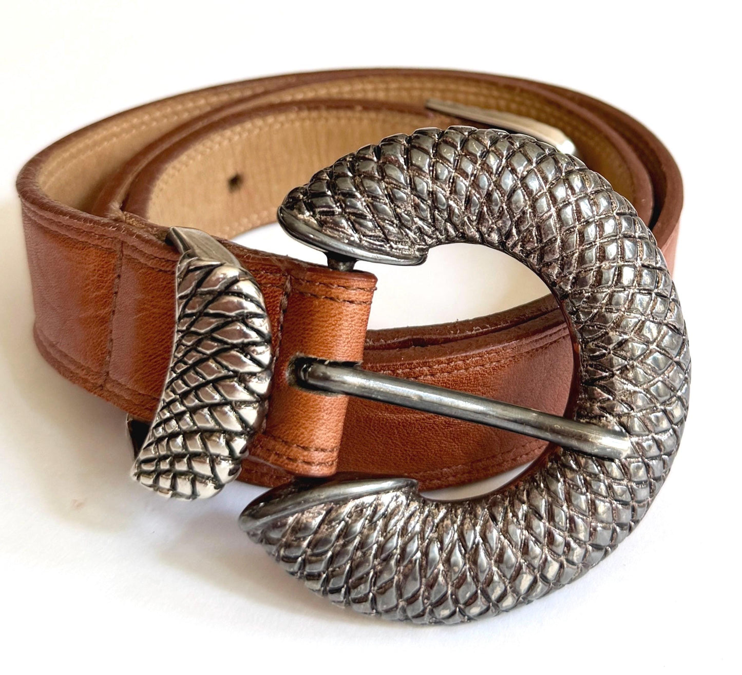 Vintage Brown Belt Silver Reptile Snake Buckle
