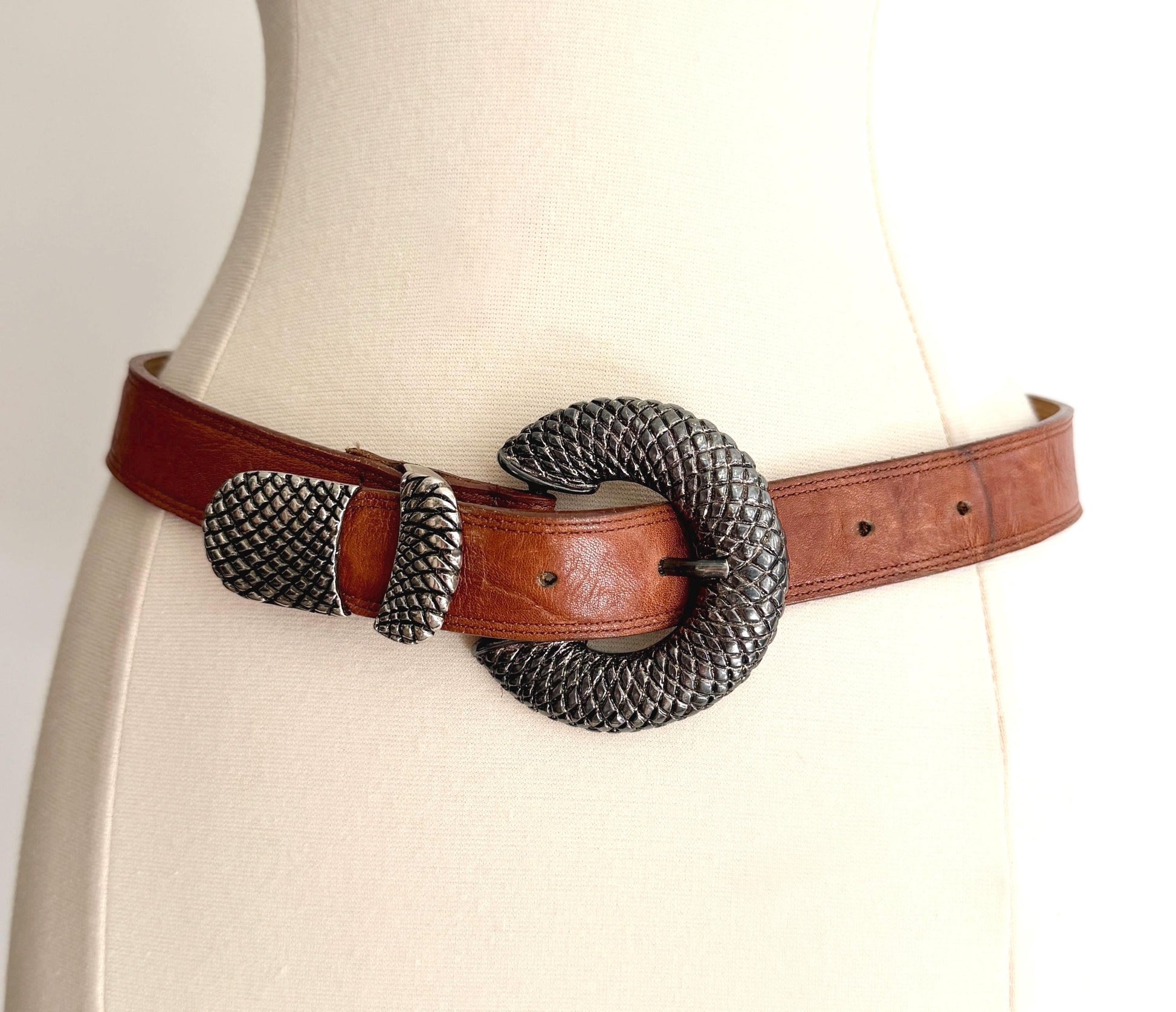 Vintage Brown Belt Silver Reptile Snake Buckle