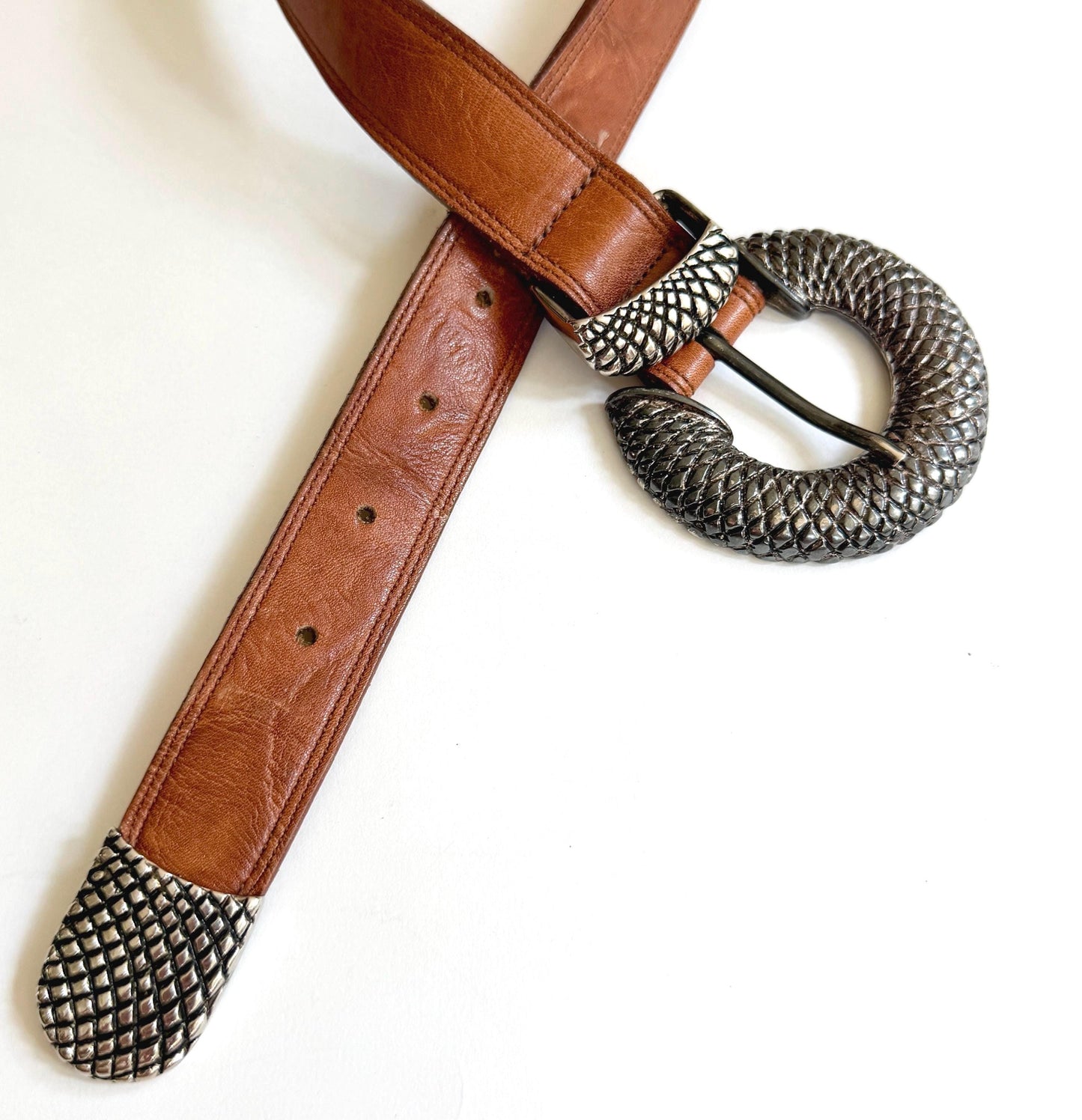 Vintage Brown Belt Silver Reptile Snake Buckle