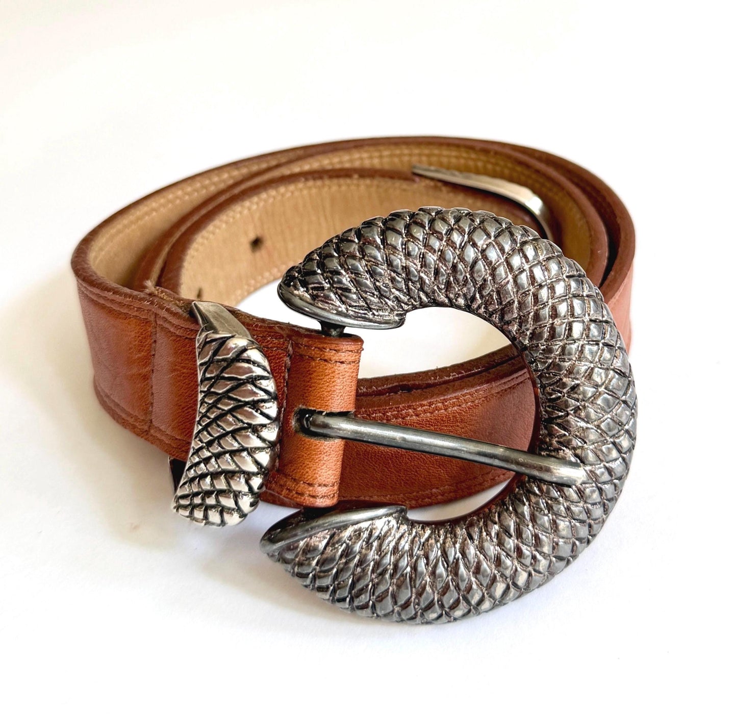 Vintage Brown Belt Silver Reptile Snake Buckle