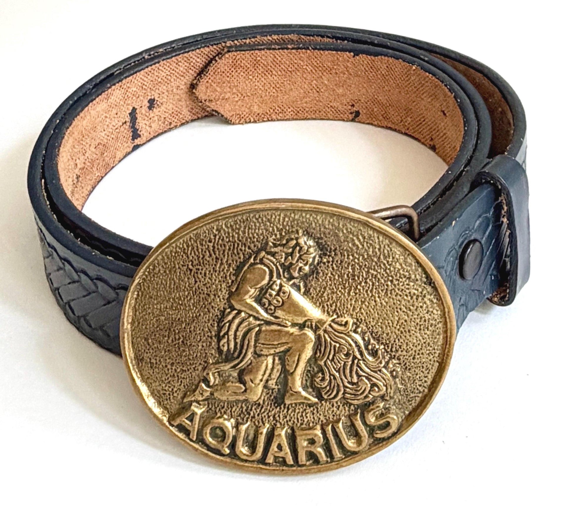 Vintage Aquarius Brass Buckle Tooled Leather Belt Strap