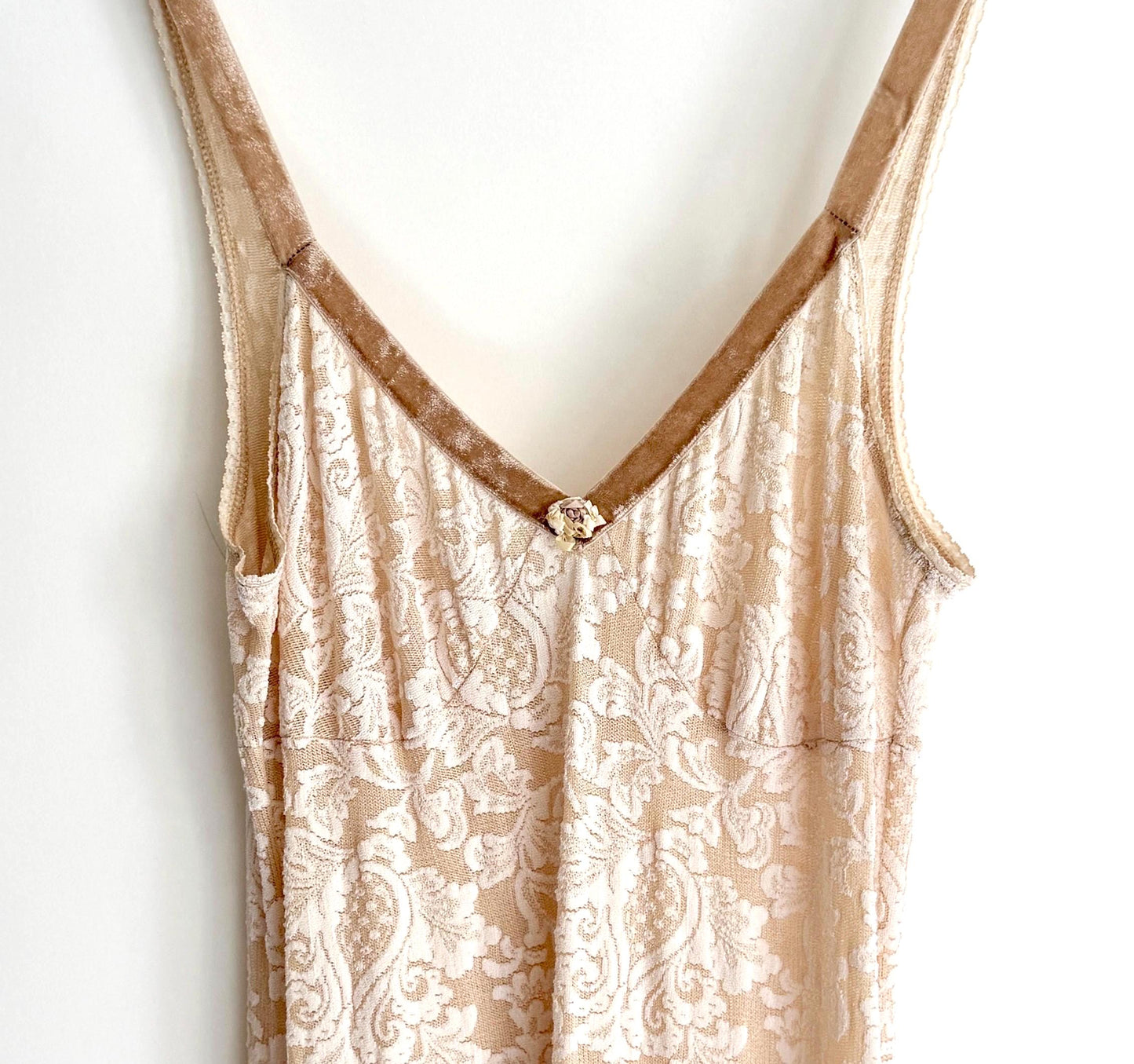 Vintage 90s Lace Slip Dress Velvet Trim