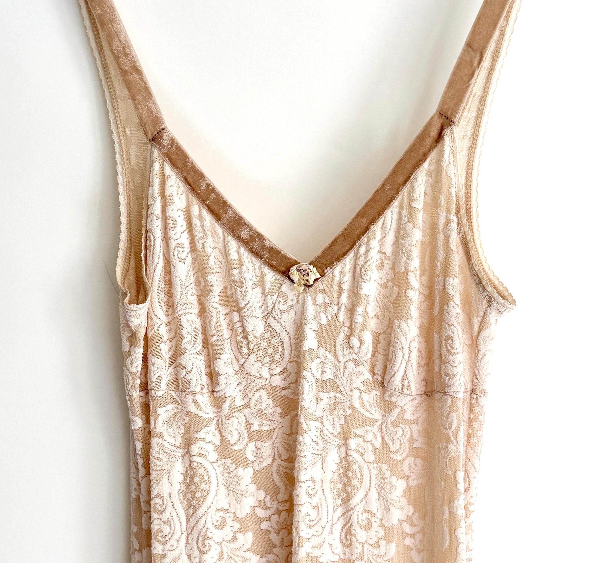 Vintage 90s Lace Slip Dress Velvet Trim