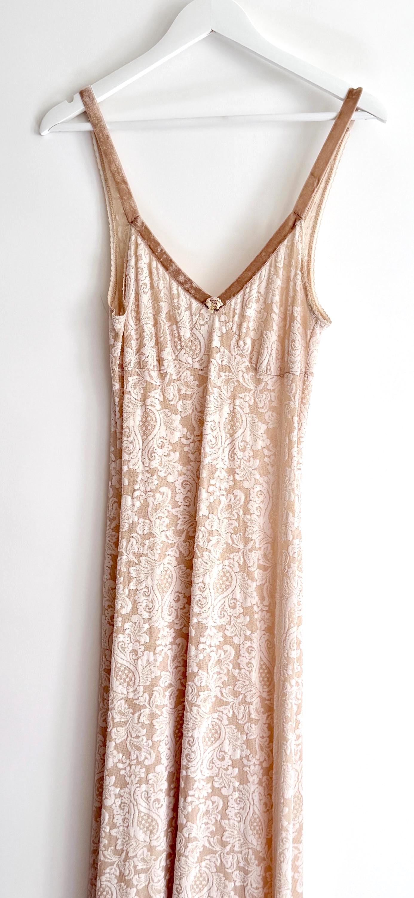 Vintage 90s Lace Slip Dress Velvet Trim