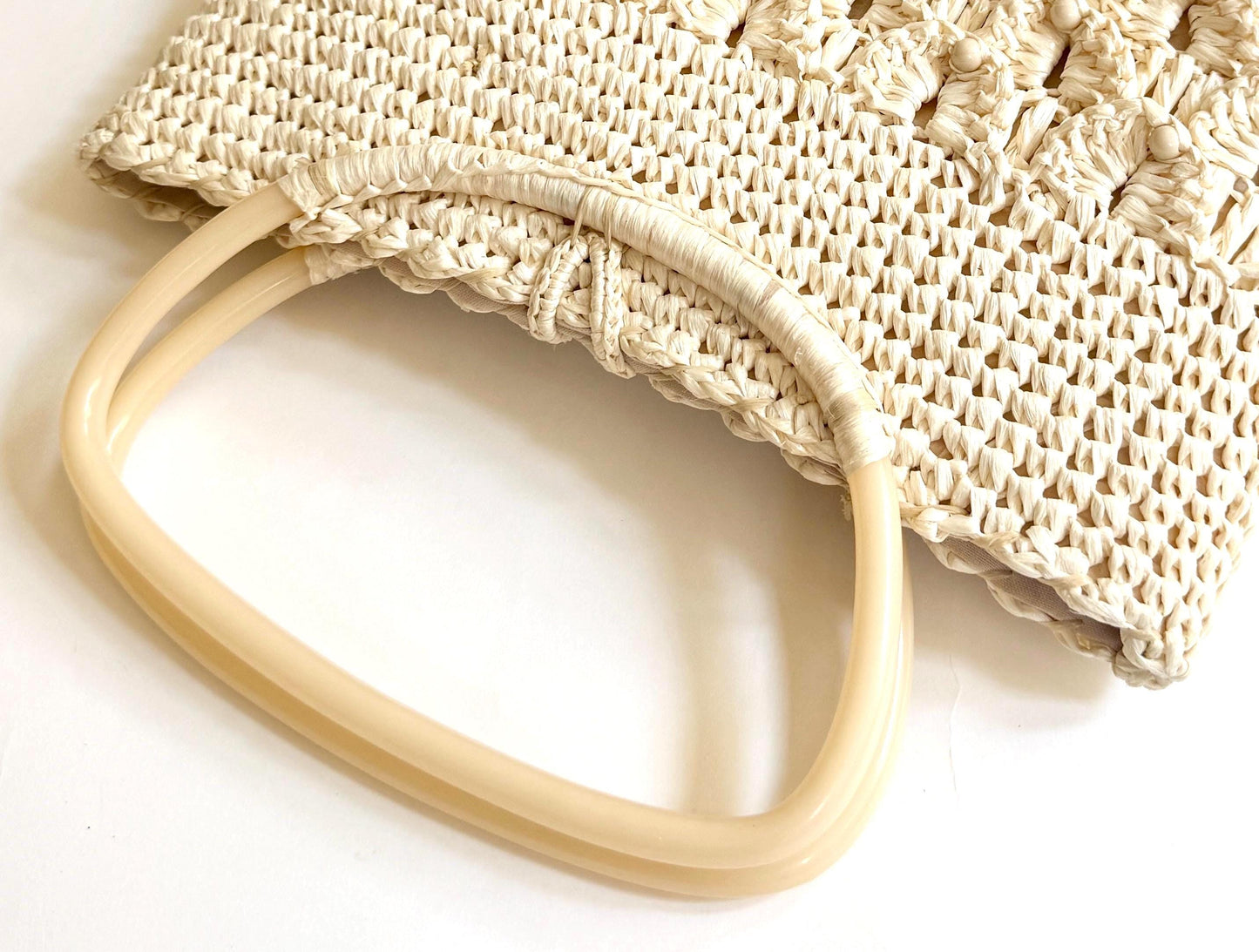 Vintage White Raffia Bag 50s 60s Purse with Plastic Handles