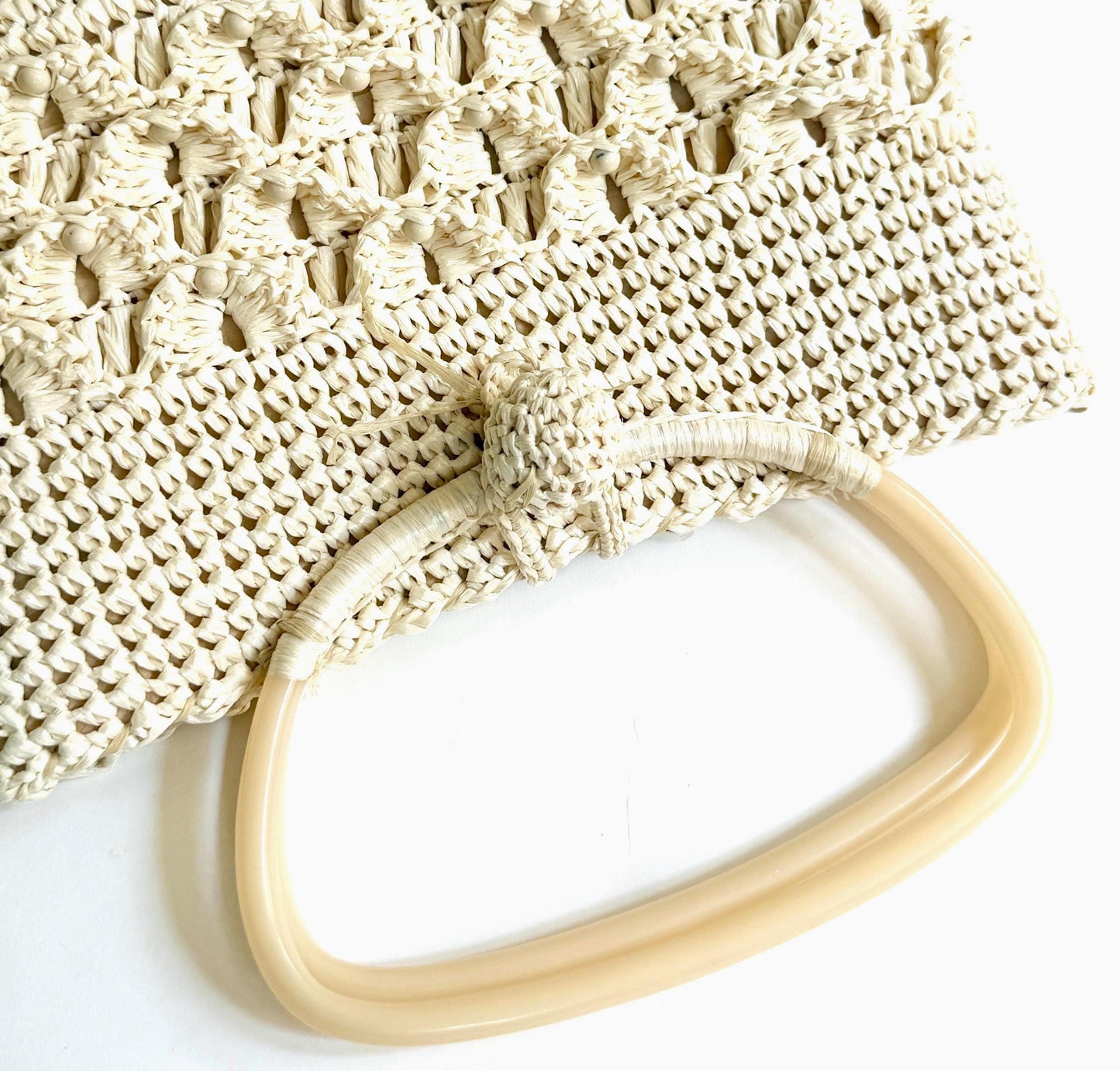 Vintage White Raffia Bag 50s 60s Purse with Plastic Handles
