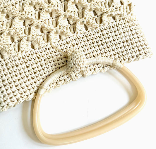 Vintage White Raffia Bag 50s 60s Purse with Plastic Handles