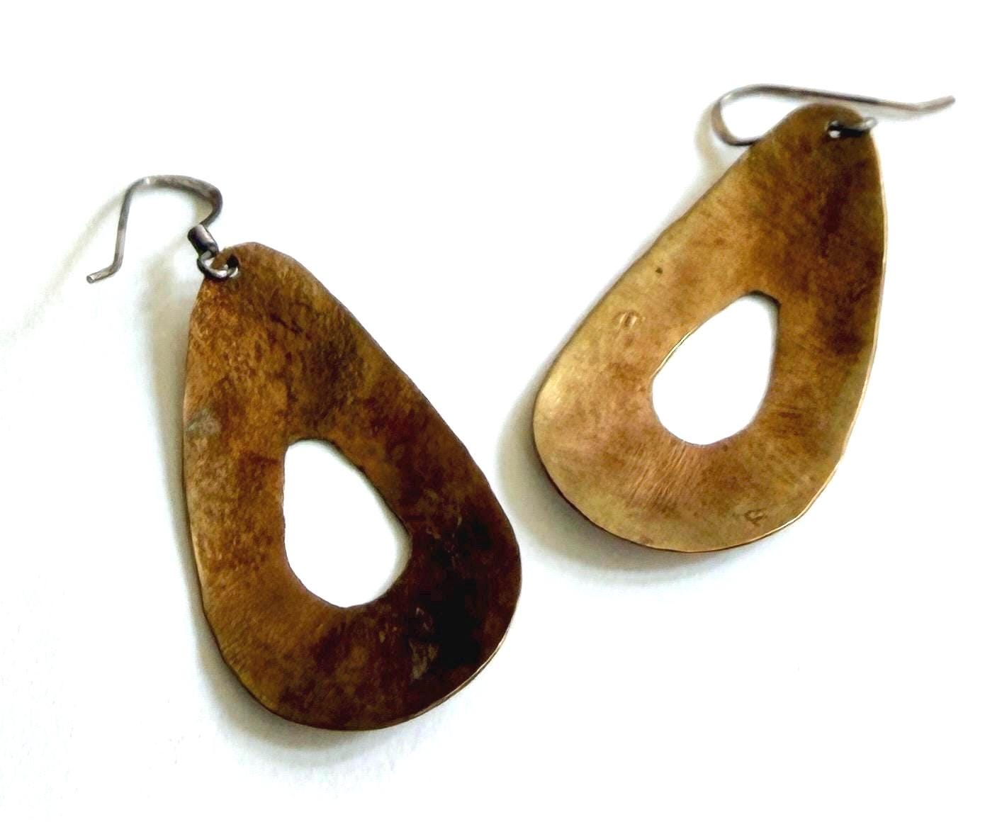 Vintage Hammered Brass Earrings Teardrop Dangle