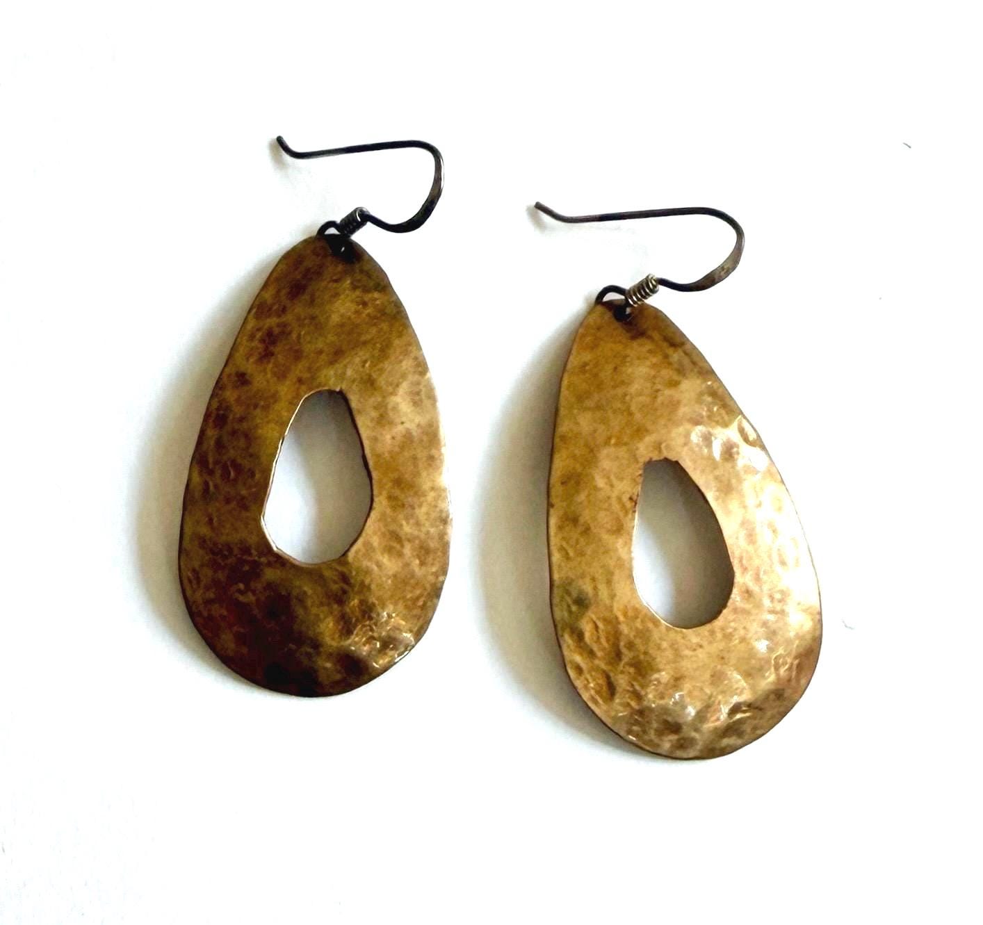 Vintage Hammered Brass Earrings Teardrop Dangle