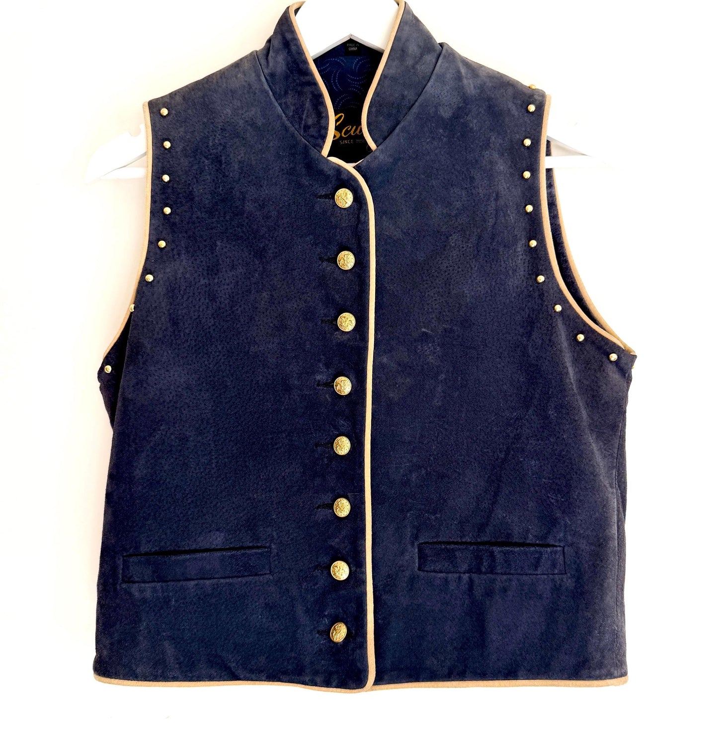 Vintage Suede Womens Vest Navy Blue Western Calvary Style