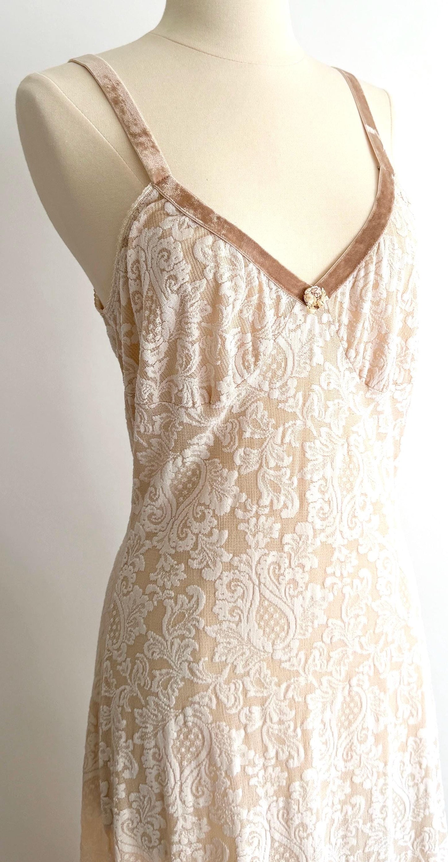 Vintage 90s Lace Slip Dress Velvet Trim
