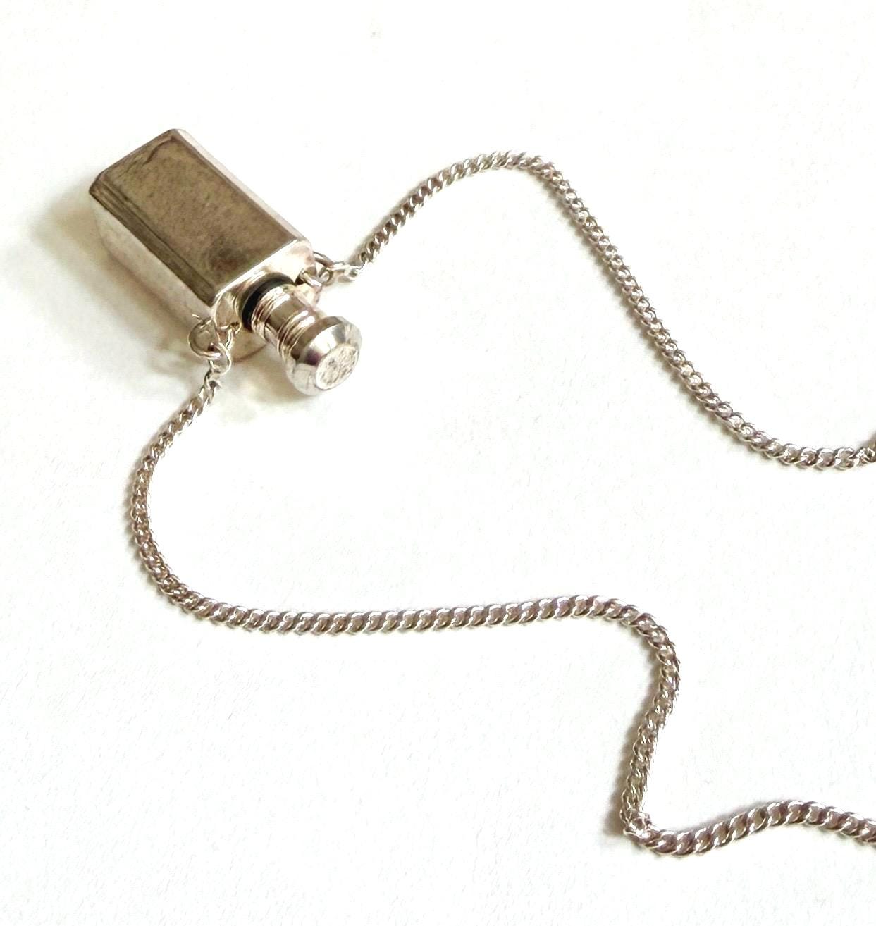 Vintage Perfume Vial Necklace Silver Metal Screw Top Bottle