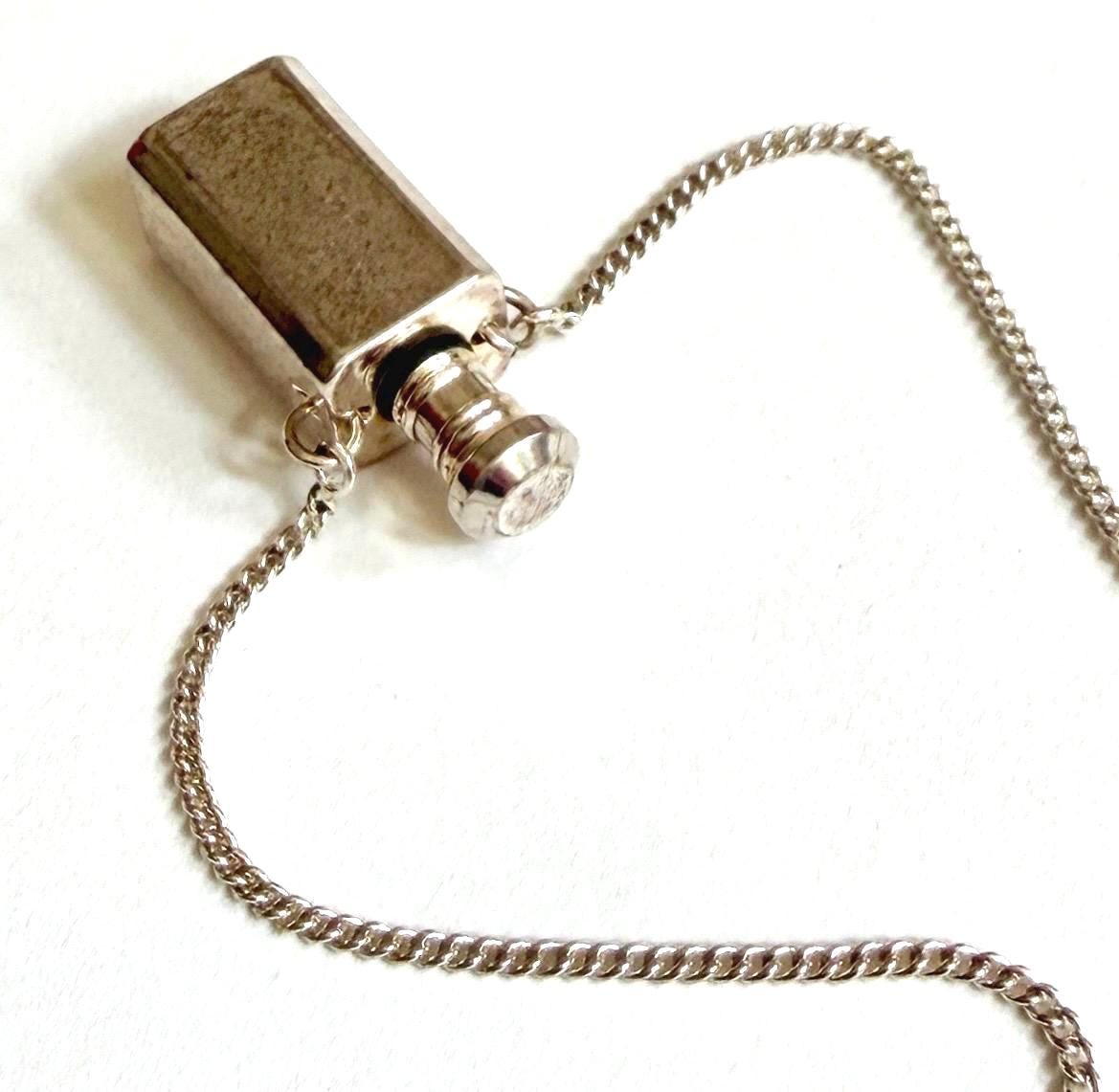 Vintage Perfume Vial Necklace Silver Metal Screw Top Bottle