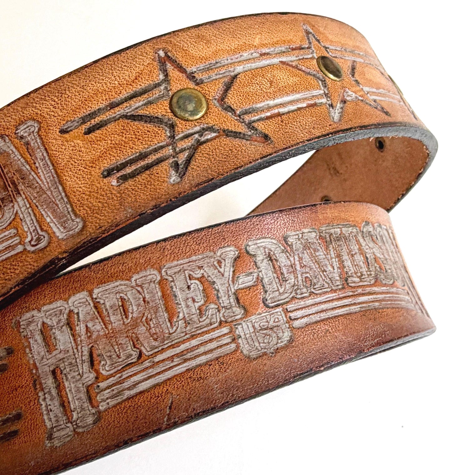 Vintage Harley Davidson Studded Belt Brown Tooled Leather Size 32
