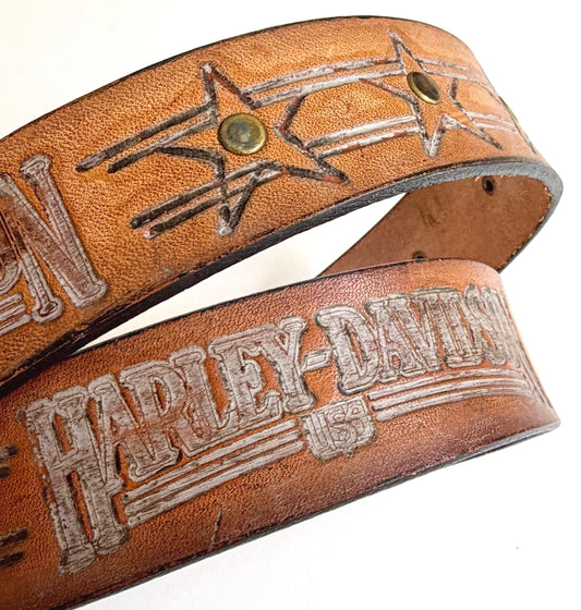 Vintage Harley Davidson Studded Belt Brown Tooled Leather Size 32