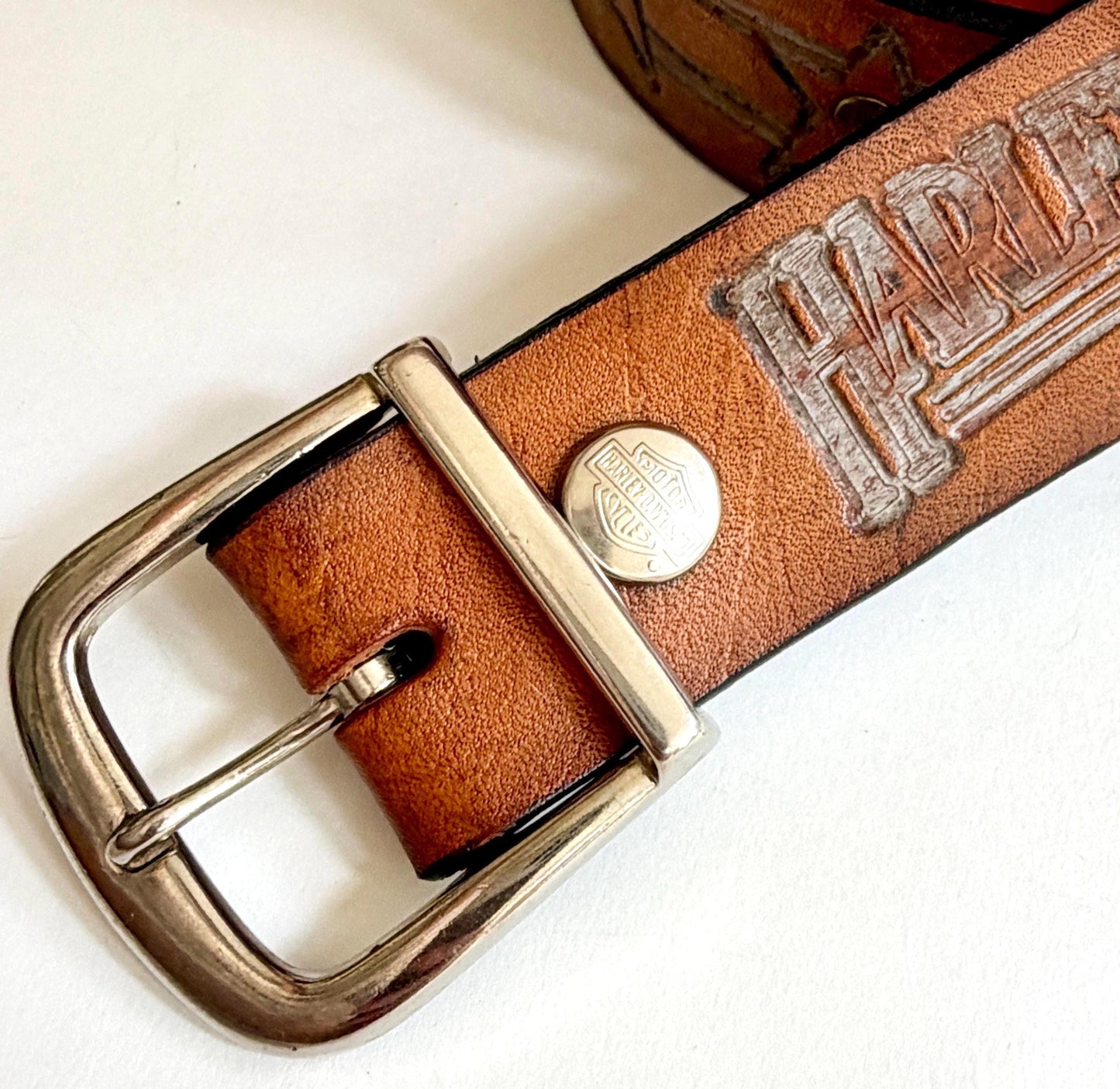 Vintage Harley Davidson Studded Belt Brown Tooled Leather Size 32