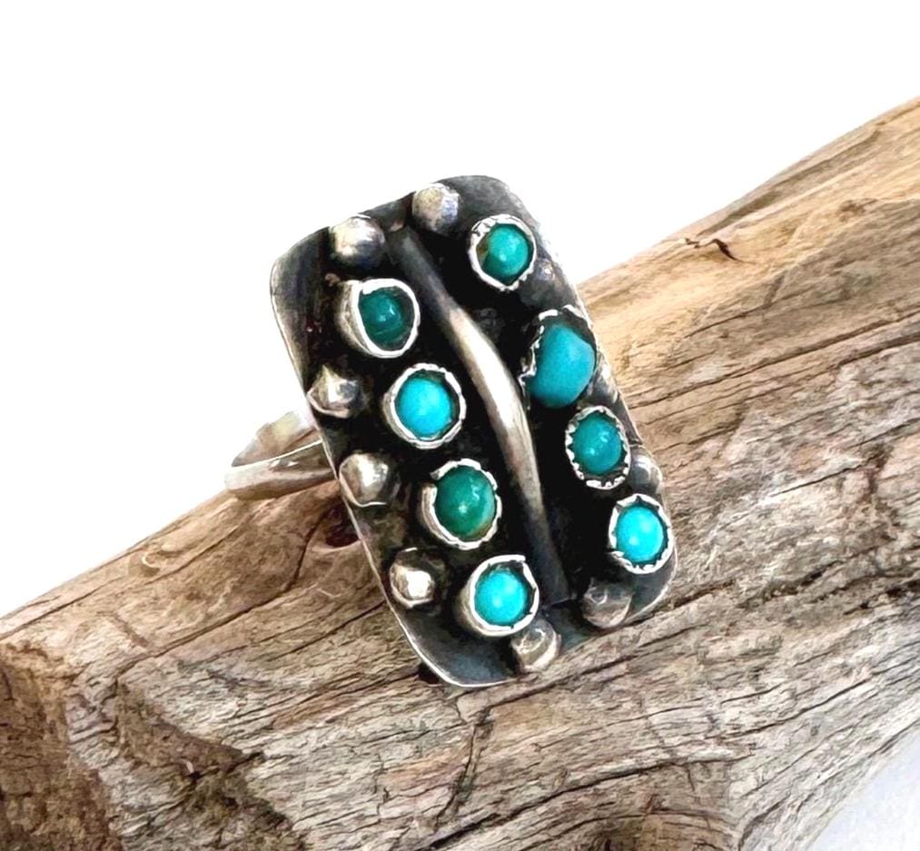 Antique Zuni Turquoise Sterling Silver Ring Snake Eye Set Stones Size 7.5