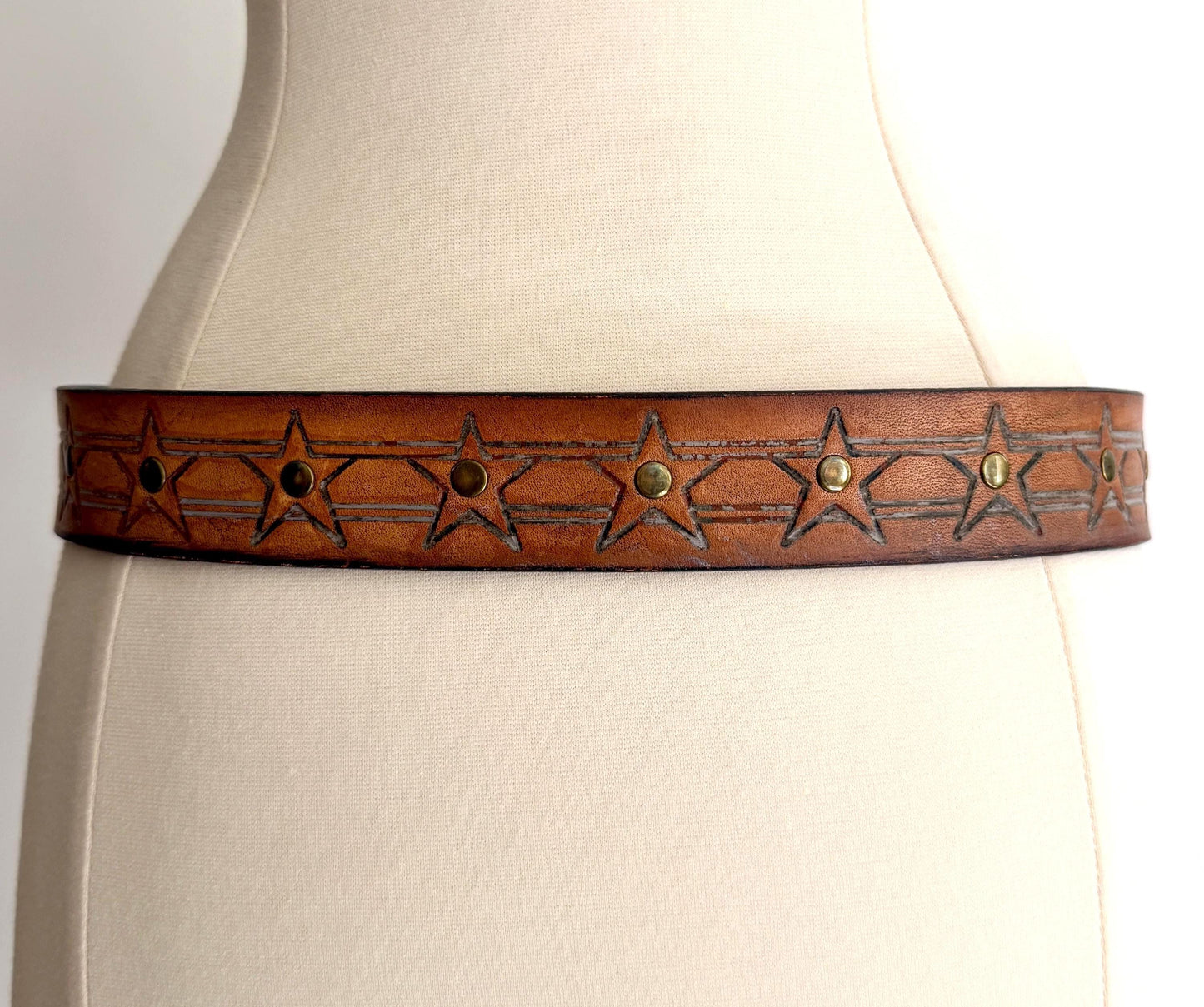 Vintage Harley Davidson Studded Belt Brown Tooled Leather Size 32