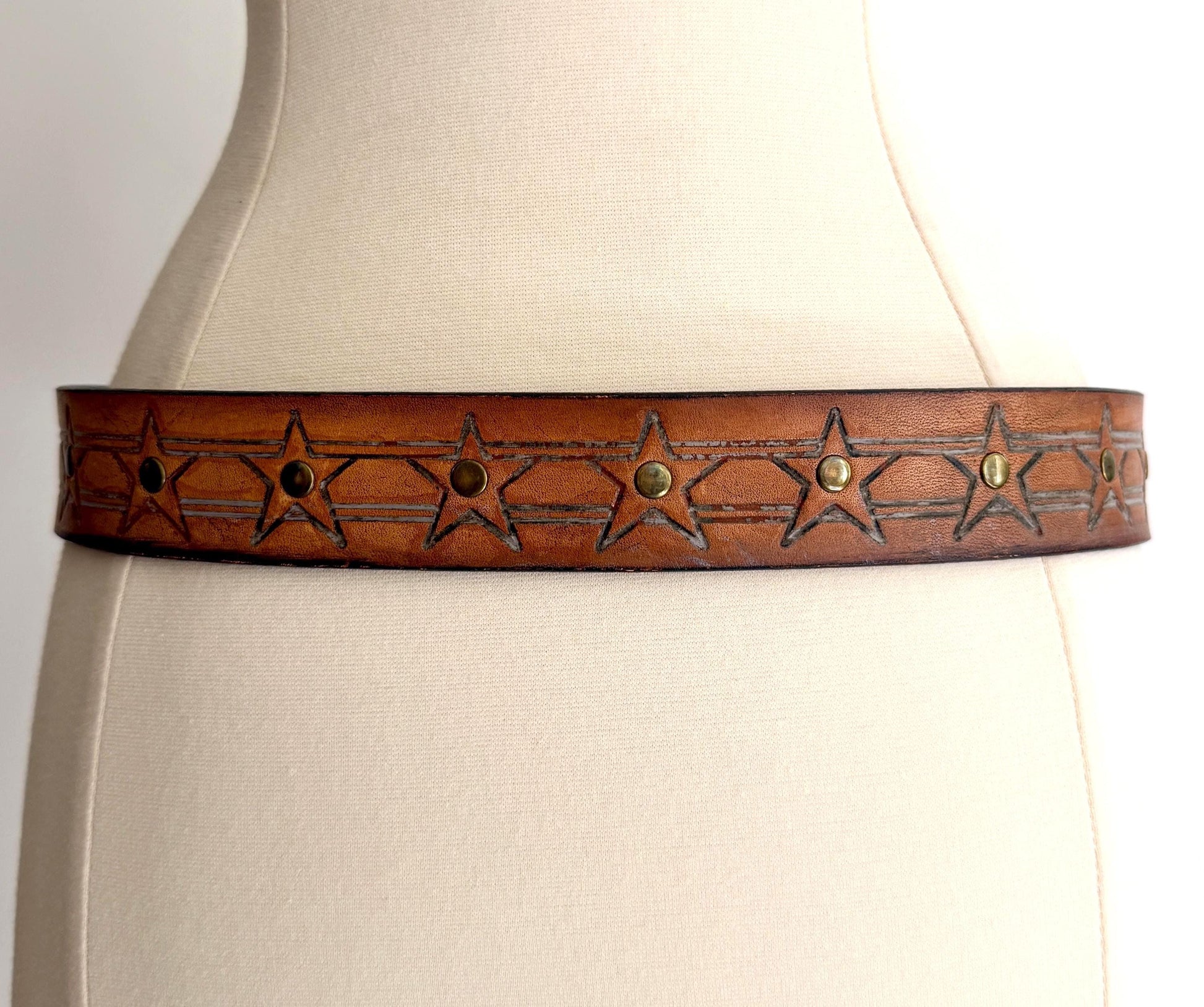 Vintage Harley Davidson Studded Belt Brown Tooled Leather Size 32
