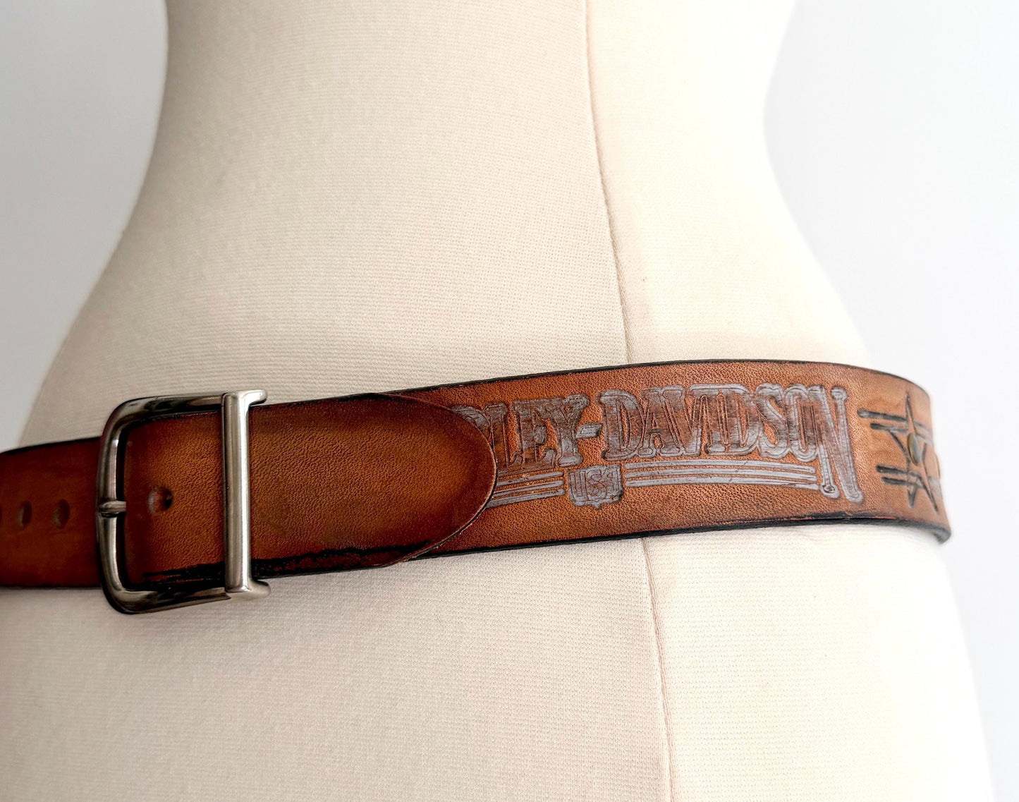 Vintage Harley Davidson Studded Belt Brown Tooled Leather Size 32