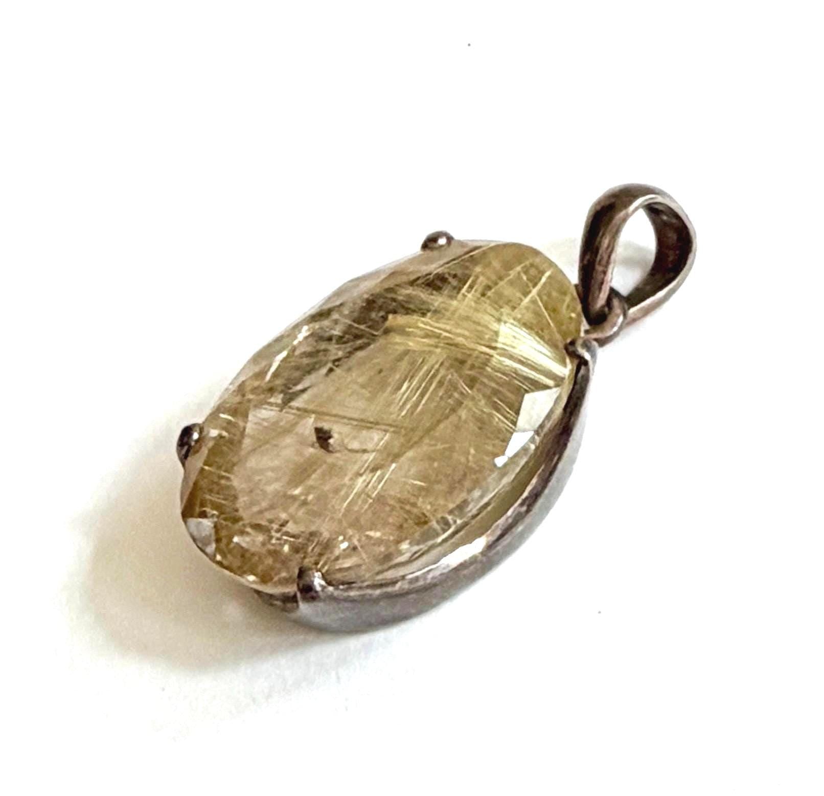 Golden Rutilated Quartz Crystal Pendant Sterling Silver 925 Oval Setting