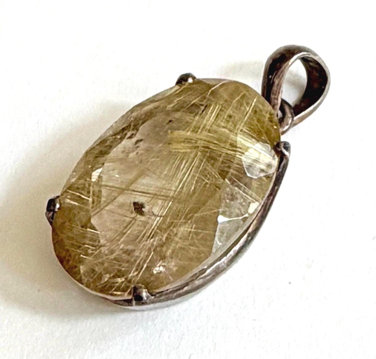 Golden Rutilated Quartz Crystal Pendant Sterling Silver 925 Oval Setting