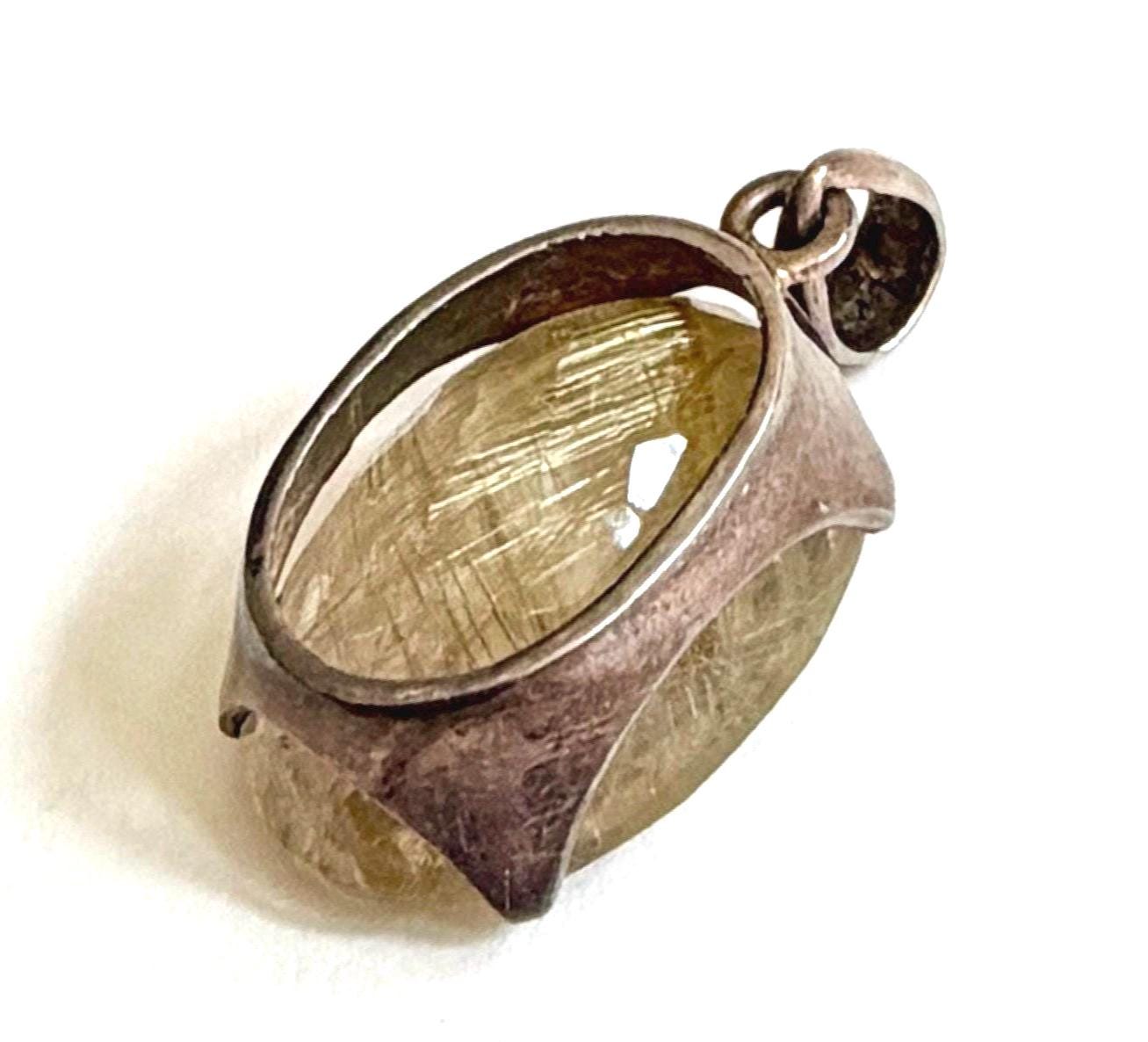 Golden Rutilated Quartz Crystal Pendant Sterling Silver 925 Oval Setting