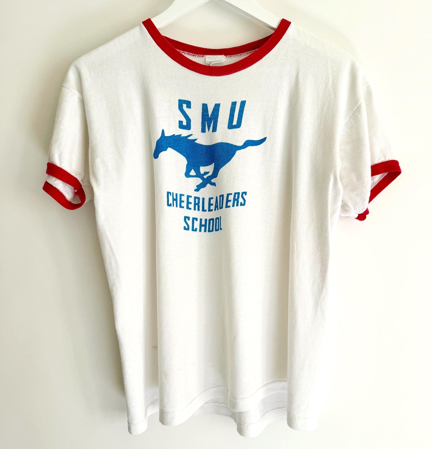 Vintage 70s SMU Cheerleaders Ringer Tshirt Southern Methodist University Mustangs