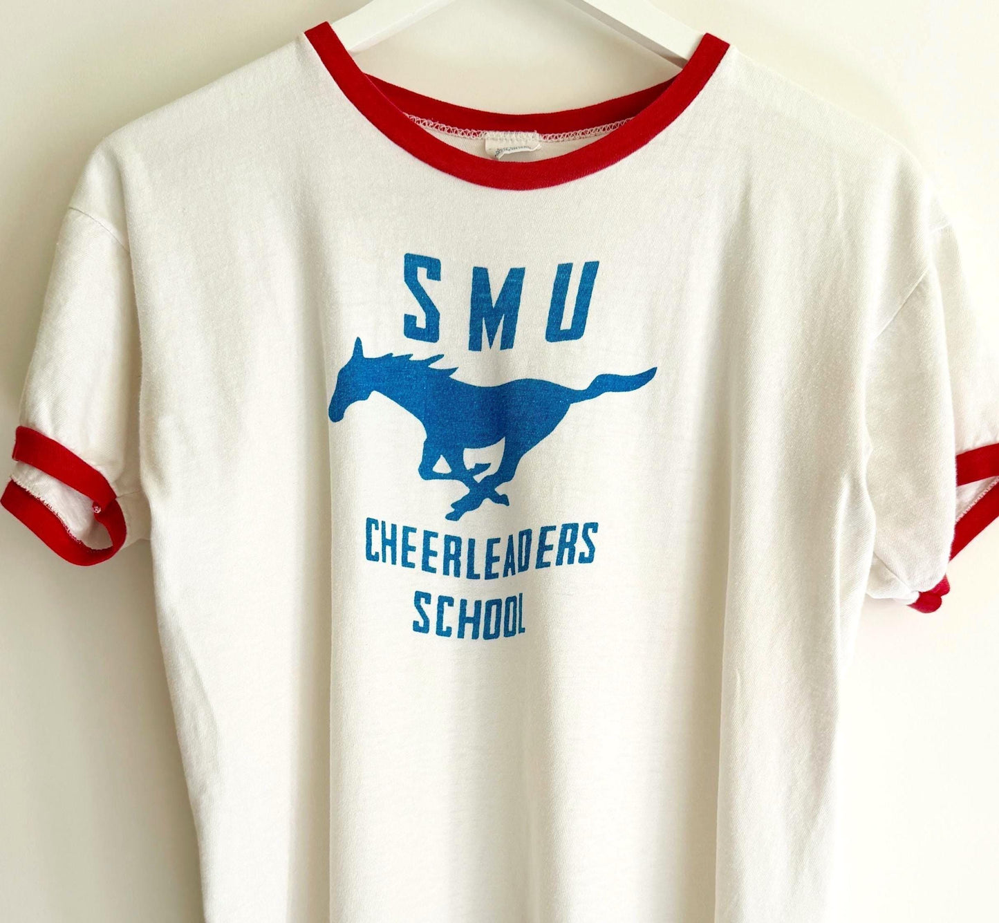 Vintage 70s SMU Cheerleaders Ringer Tshirt Southern Methodist University Mustangs